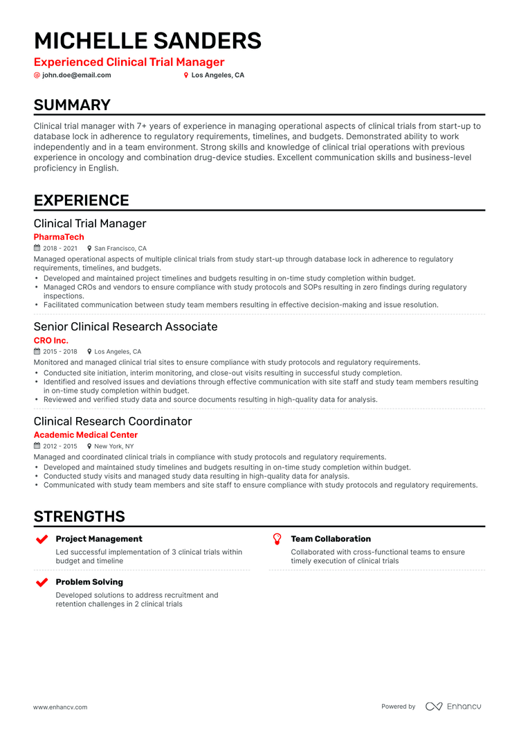clinical trial project manager resume