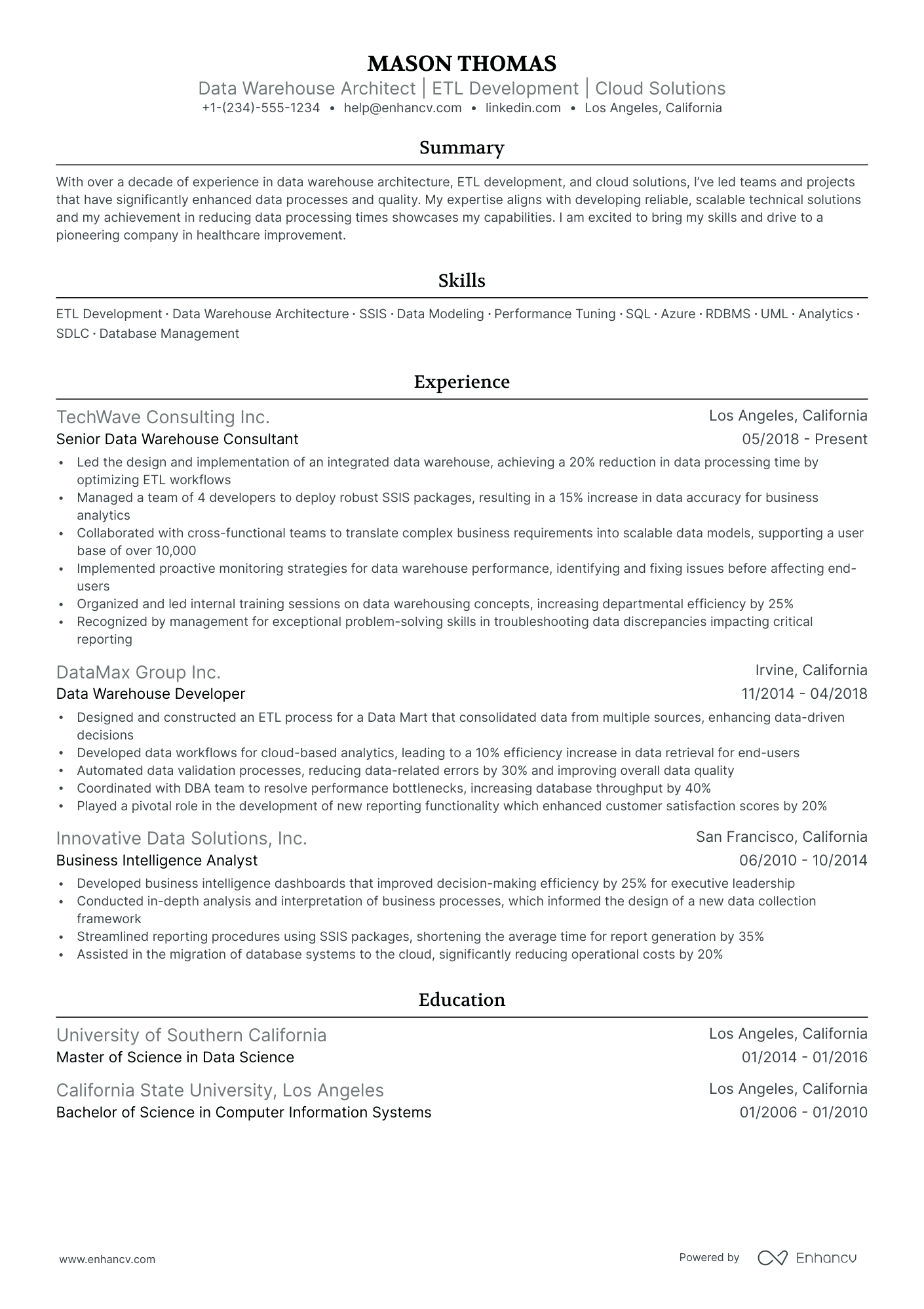 5 Data Warehouse Architect Resume Examples & Guide for 2024