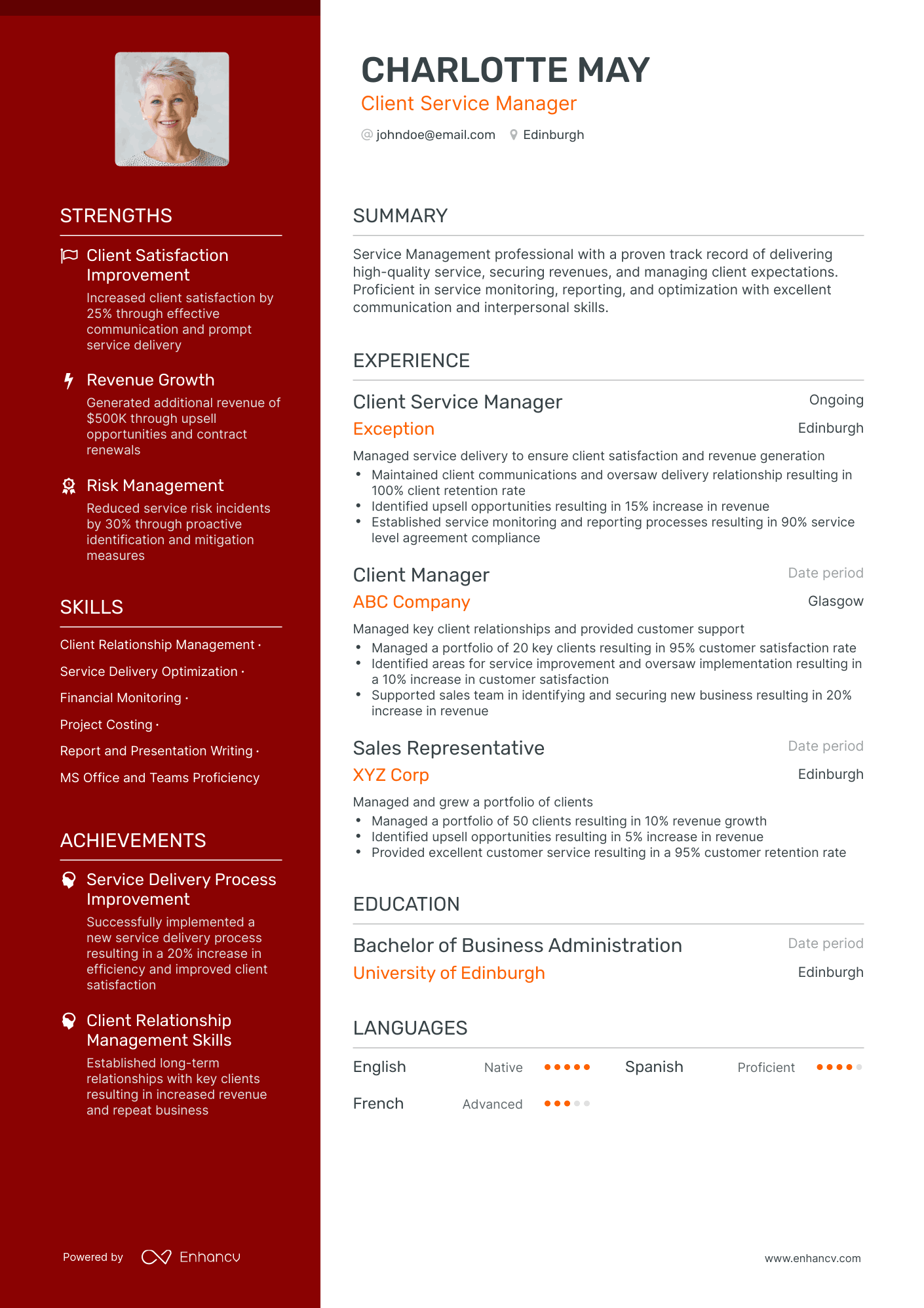 resume for client service manager