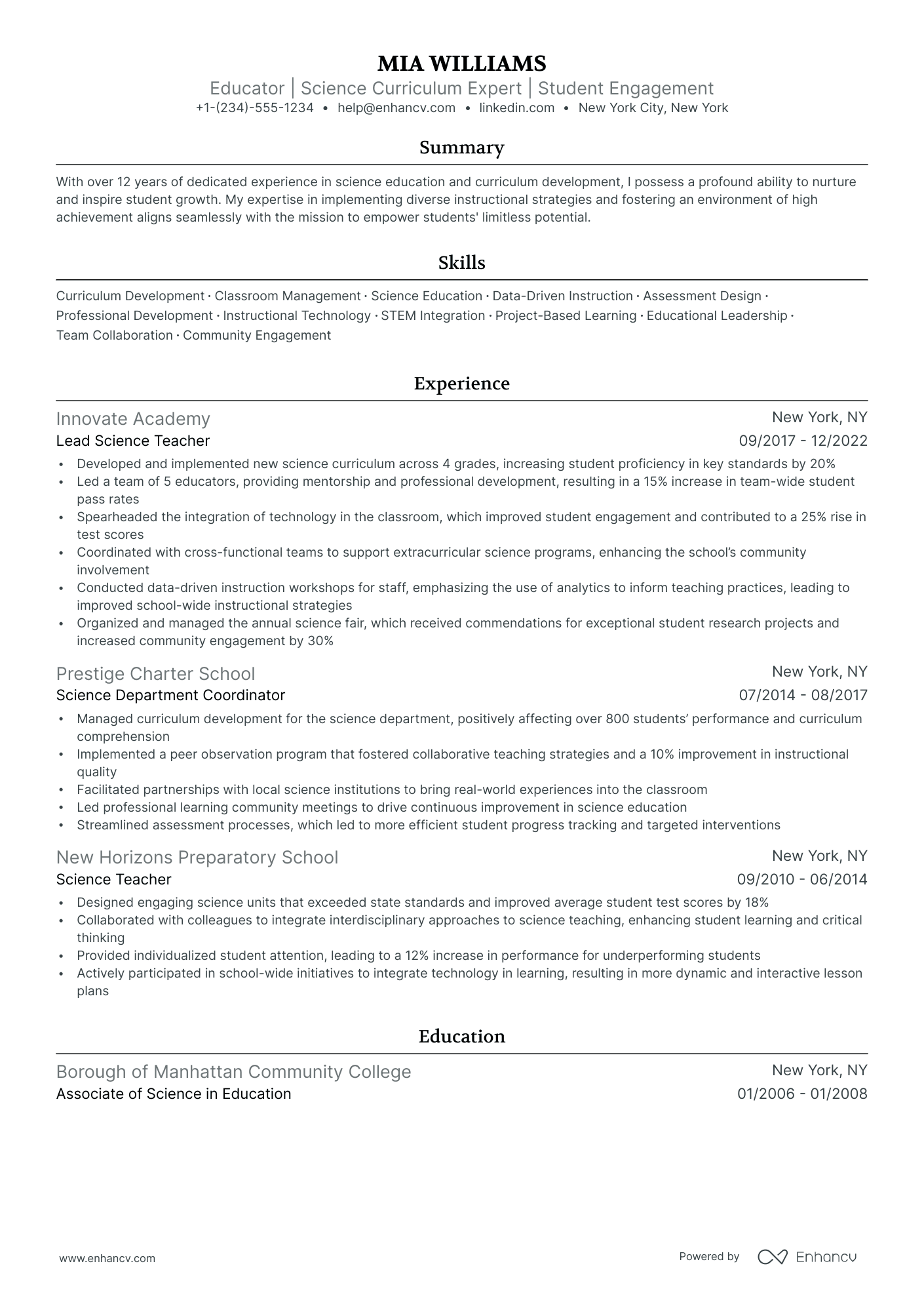 5 Science Teacher Resume Examples & Guide for 2024