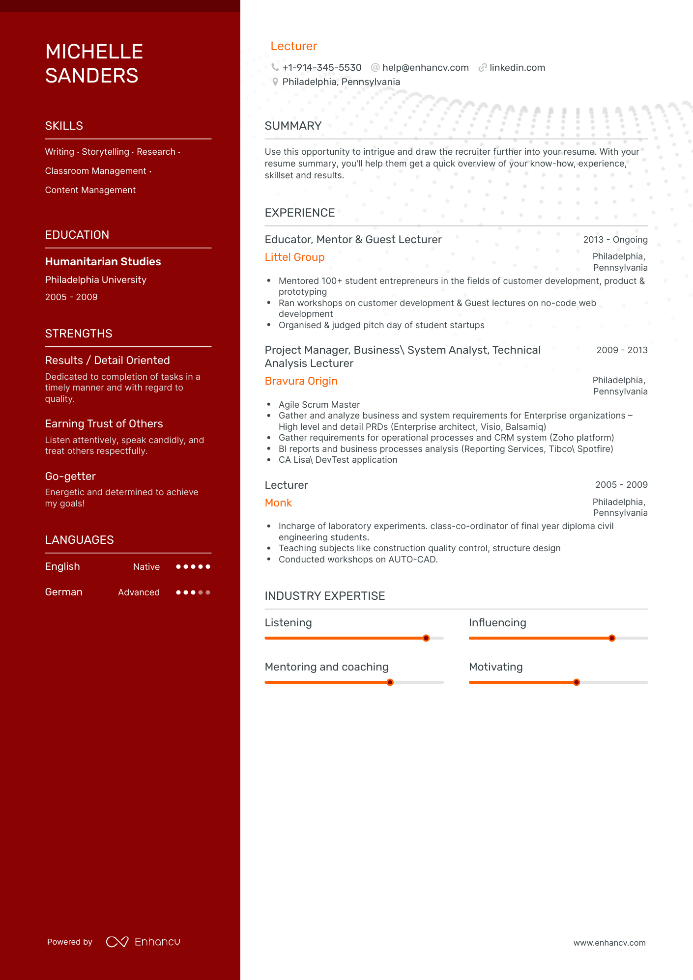 DOWNLOAD: Lecturer Resume Example for 2023 | Enhancv.com (Layout ...