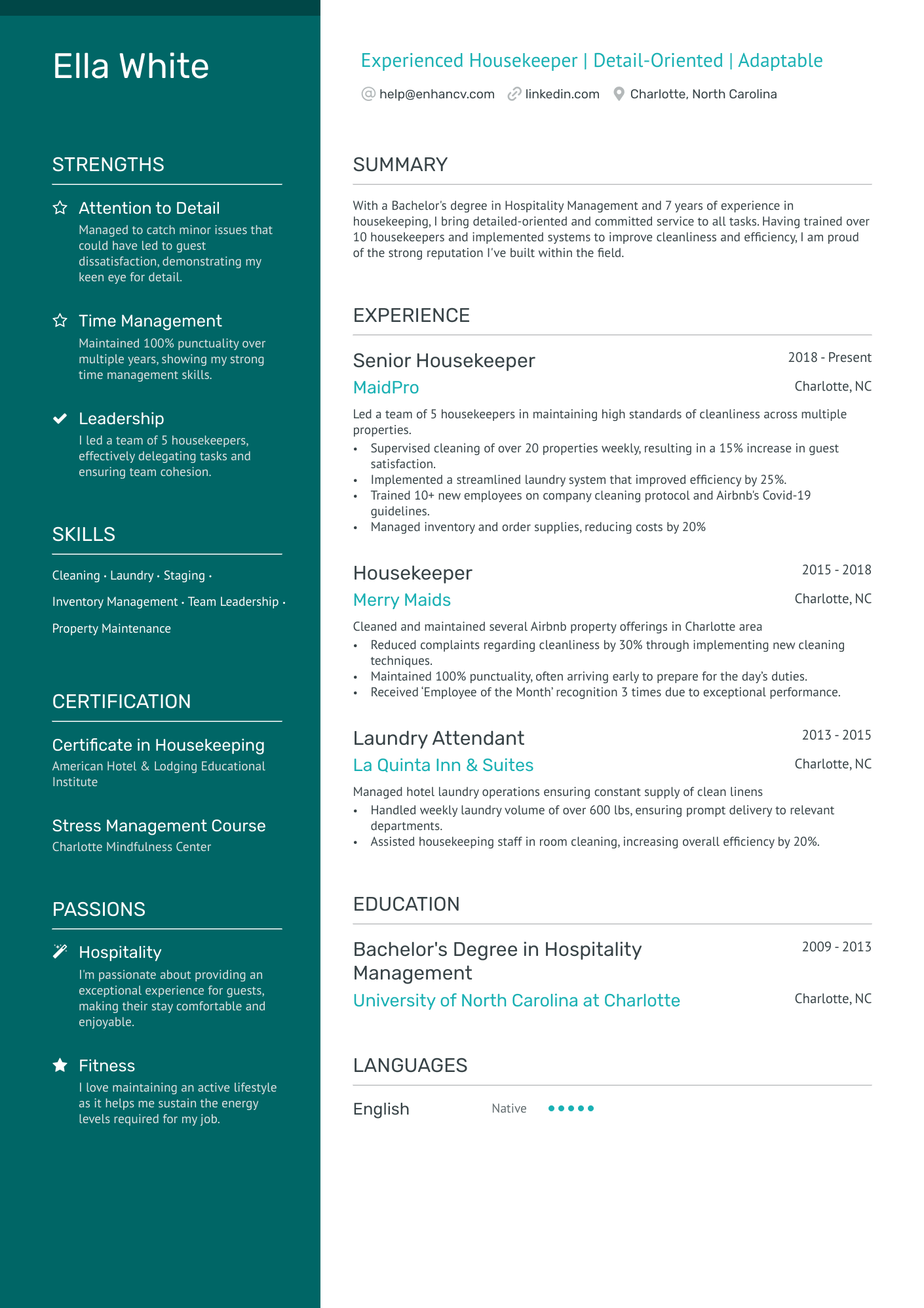 Self Employed Housekeeper Resume Example
