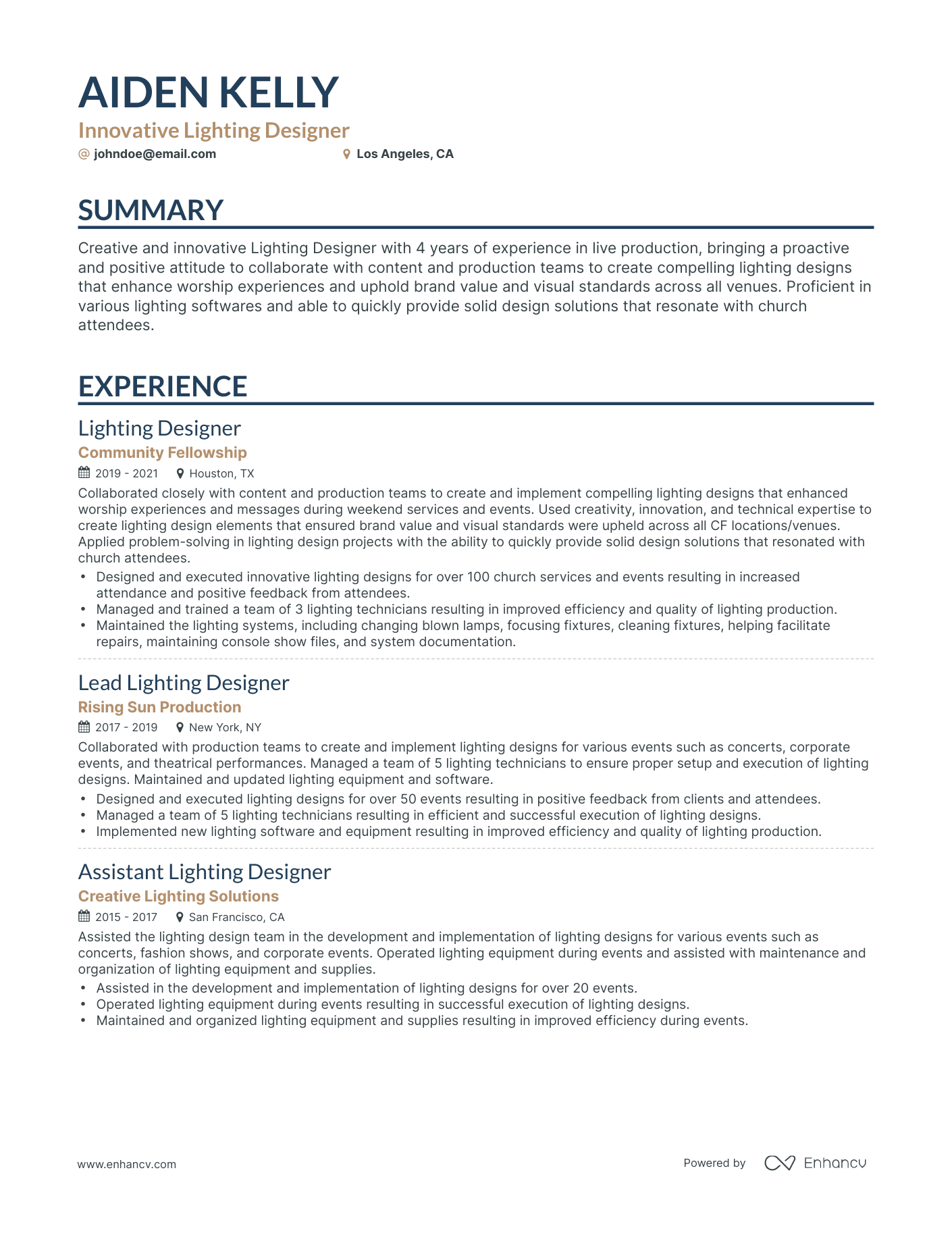 5 Lighting Designer Resume Examples & Guide for 2023
