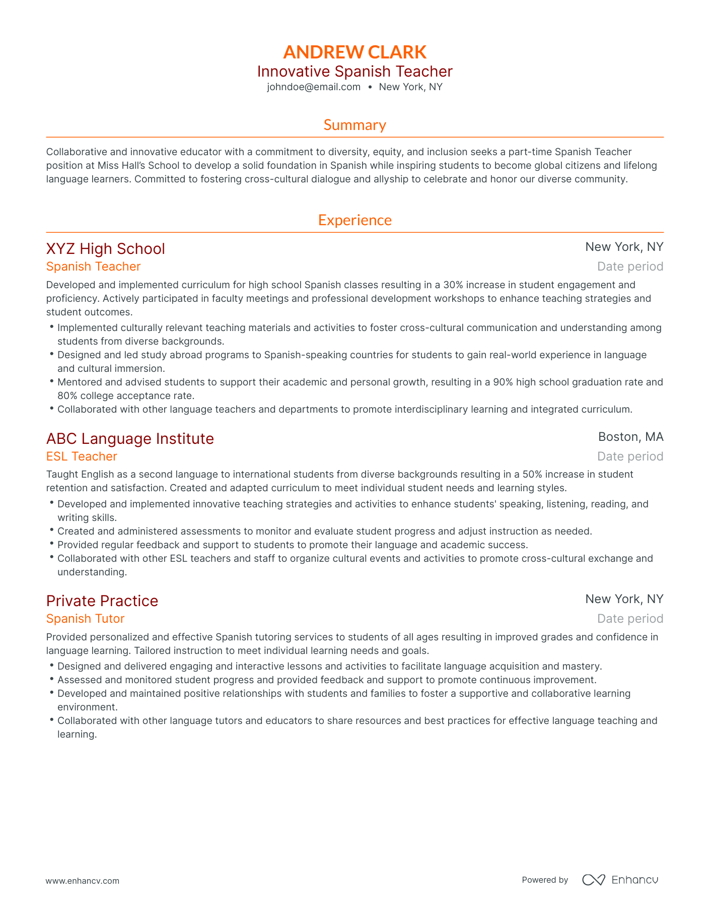 resume example for language teacher