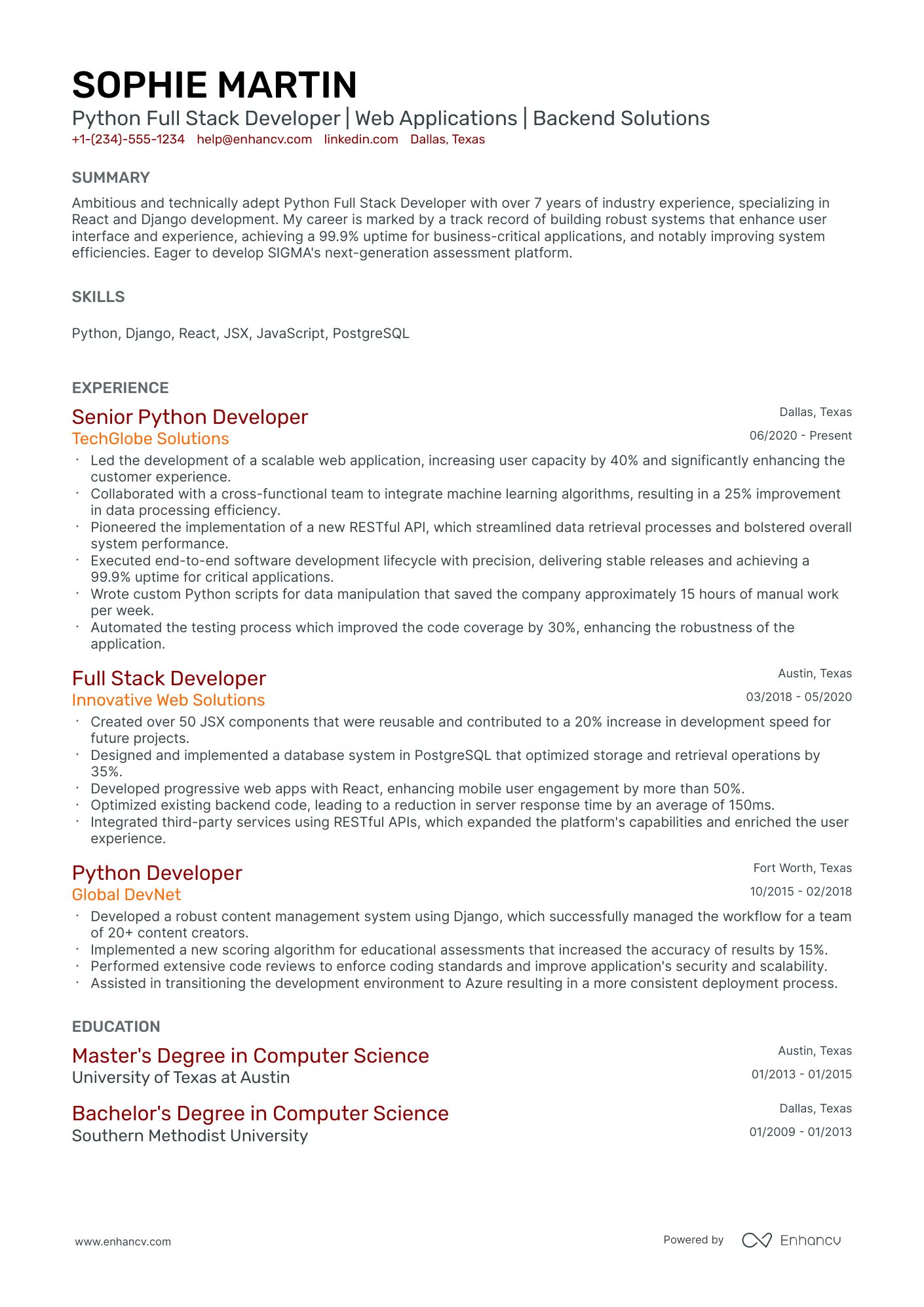 10 Python Full Stack Developer Resume Examples & Guide for 2025