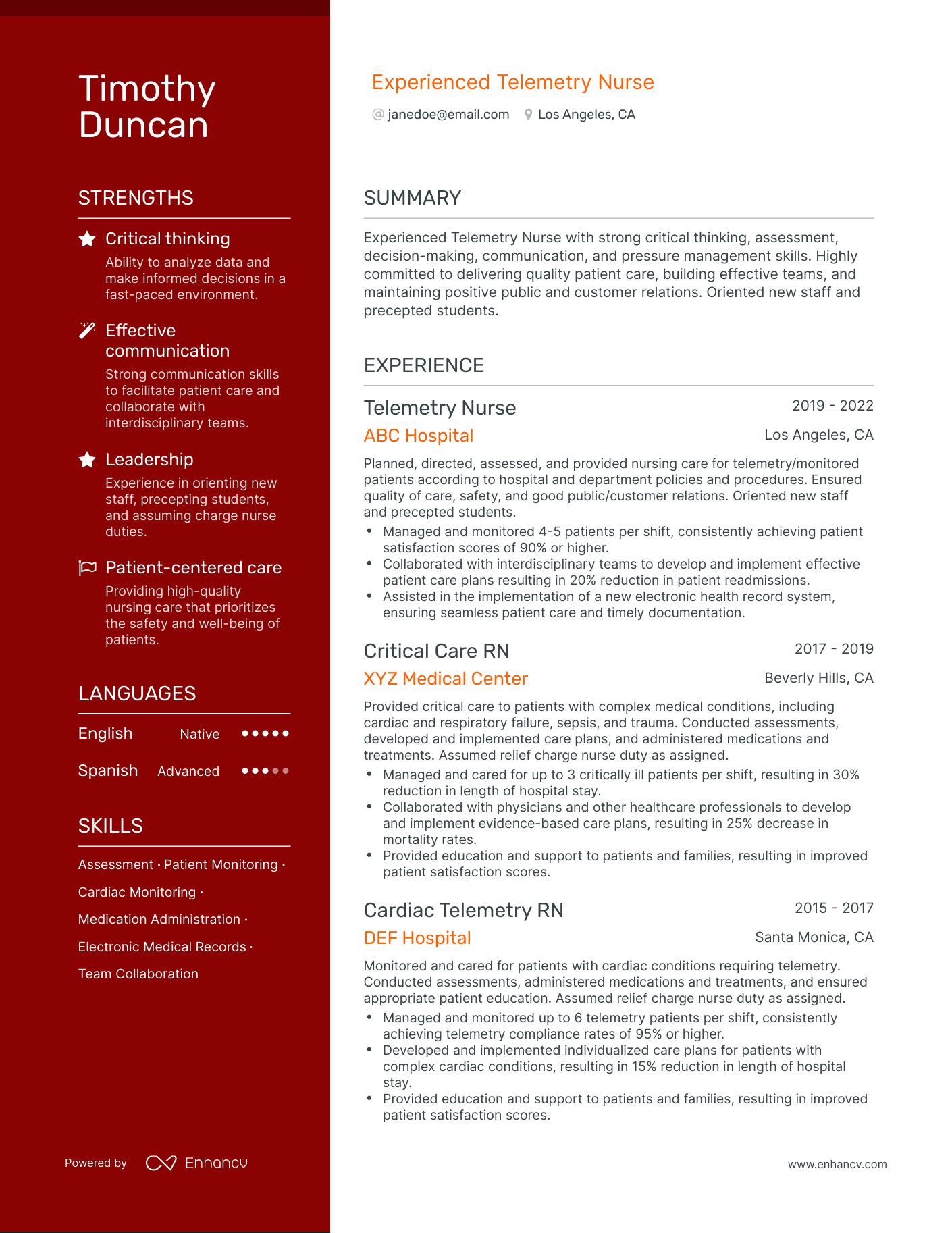 5 Telemetry Nurse Resume Examples & Guide for 2024