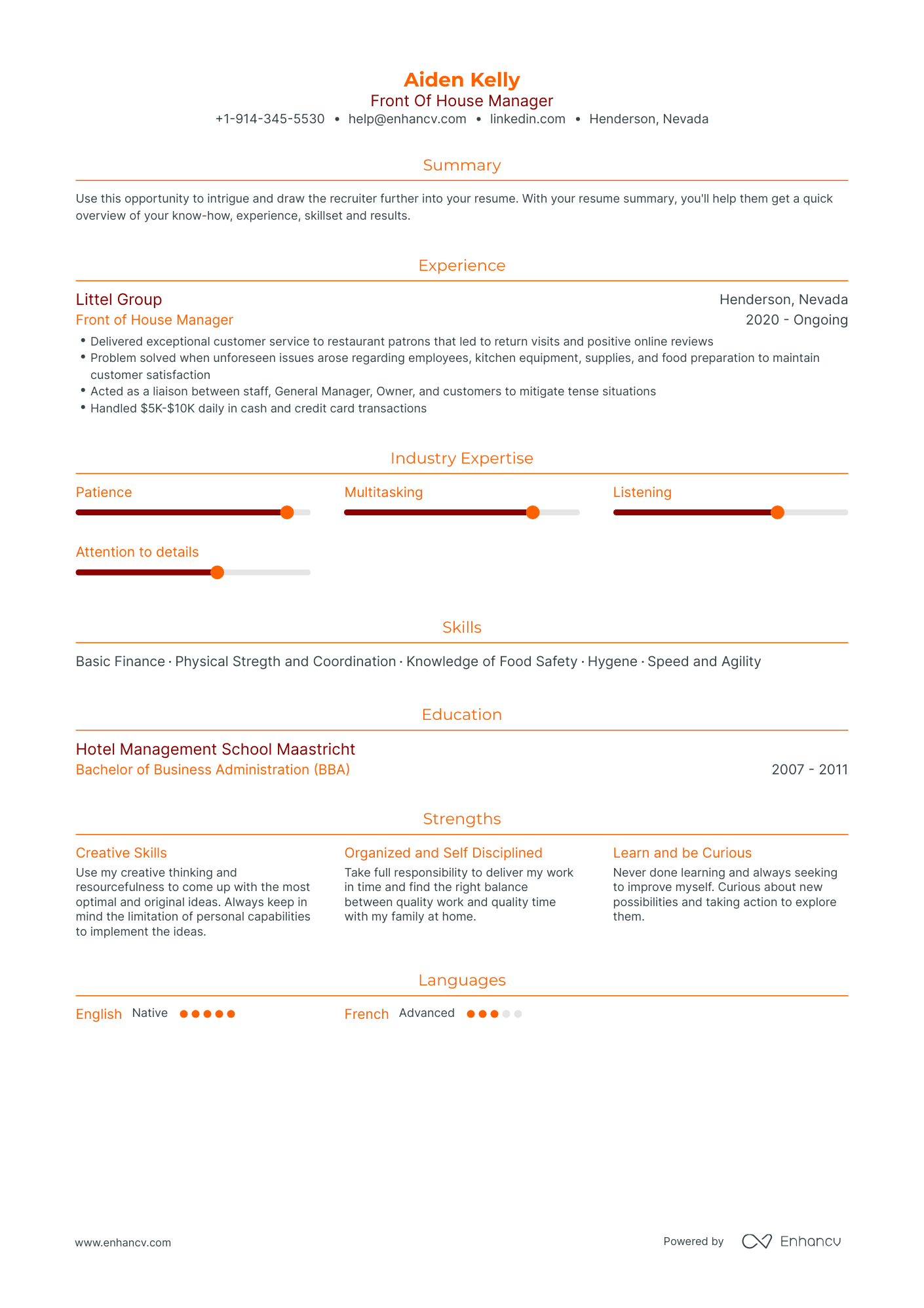 Front Of House Manager Resume Examples & Guide for 2023 (Layout, Skills ...