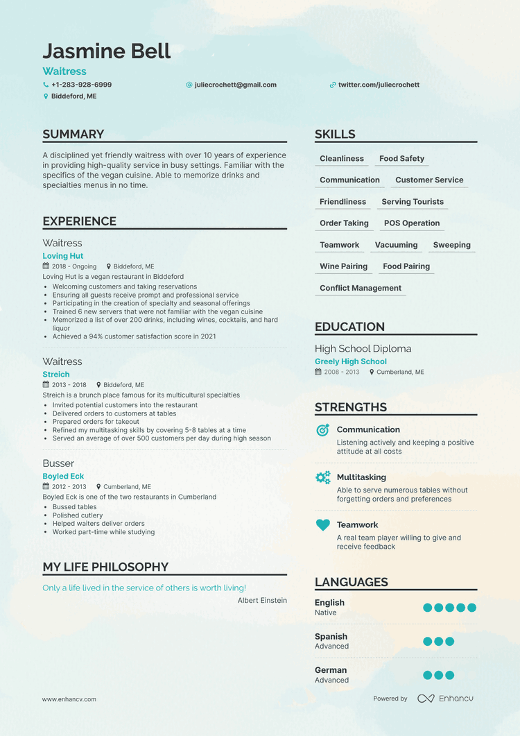 skills summary resume waitress