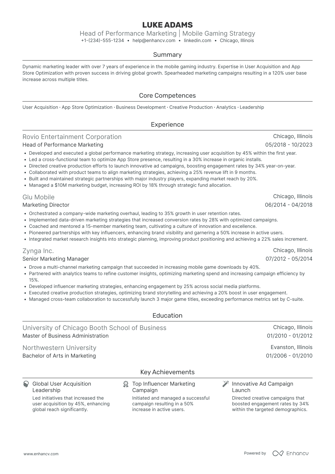 Chief Marketing Officer in Gaming and Esports Resume Example