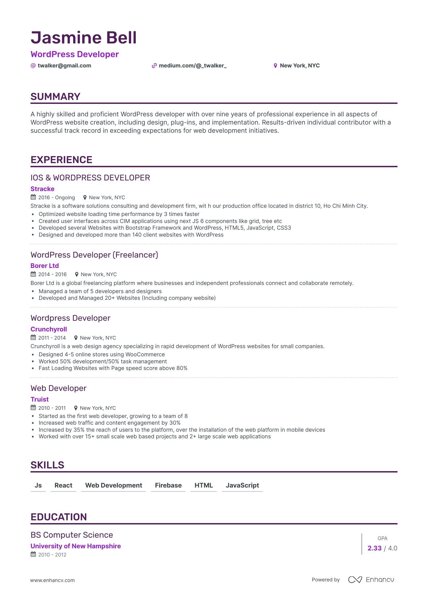 5 Wordpress Developer Resume Examples & Guide for 2024