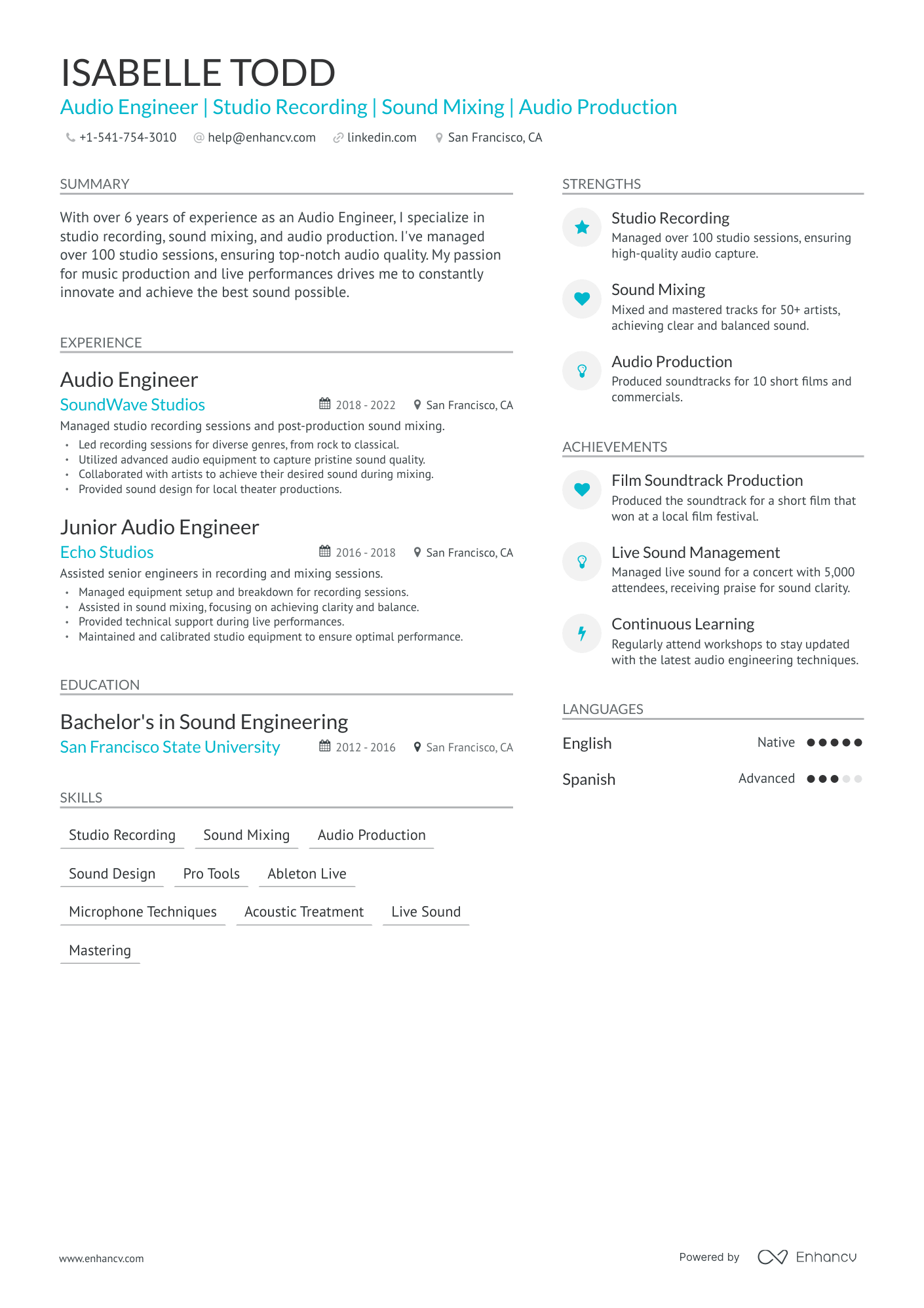 5 Audio Engineer Resume Examples & Guide for 2024