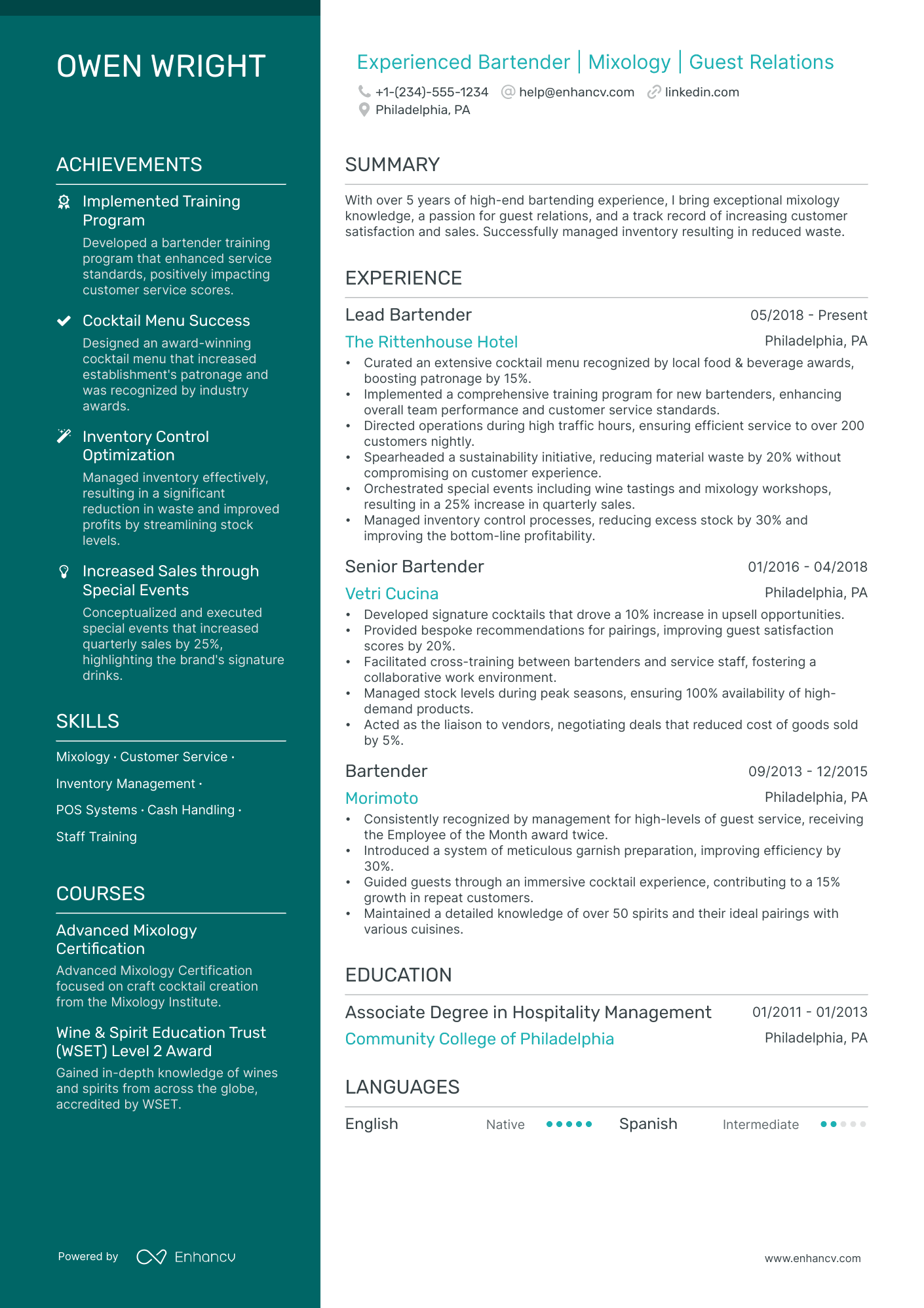 5 Fine Dining Bartender Resume Examples & Guide for 2024