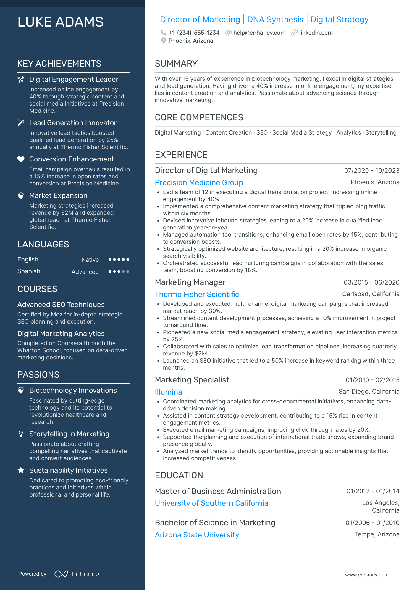 Chief Marketing Officer in Biotechnology Resume Example