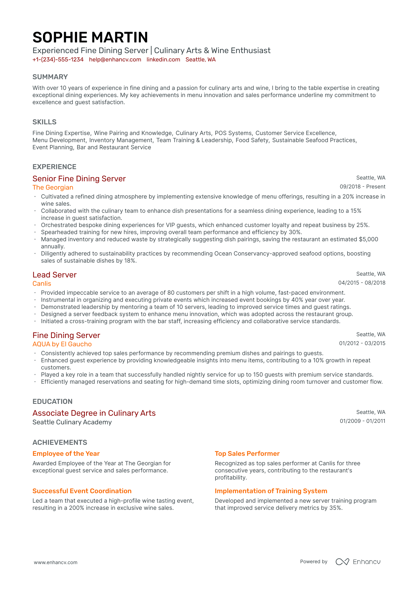 5 Fine Dining Server Resume Examples & Guide for 2025