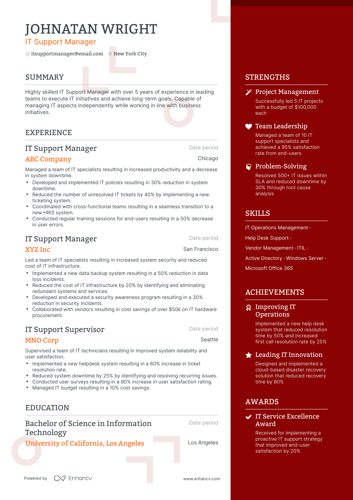 5 IT Support Manager Resume Examples Guide For 2024