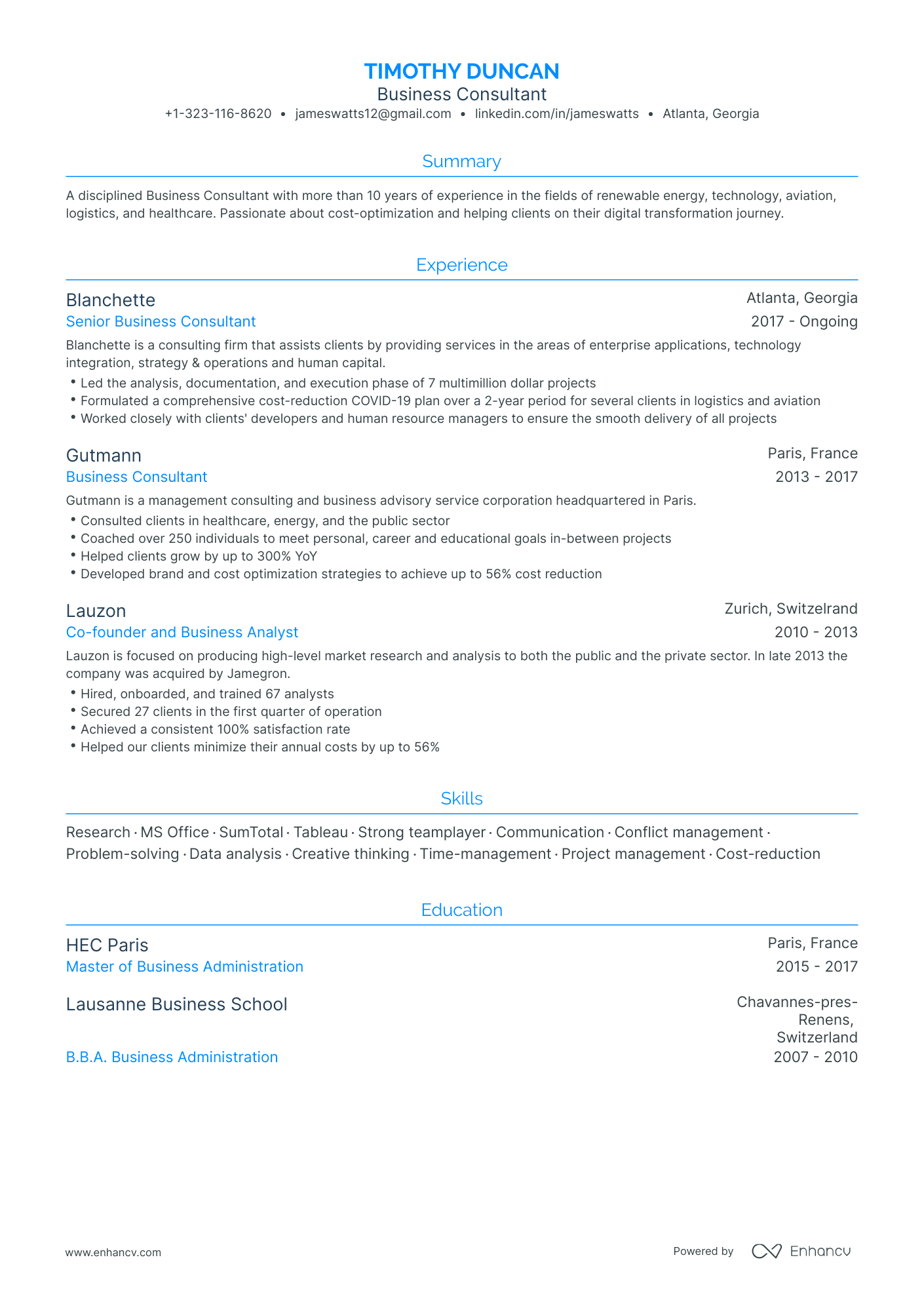 business plan consultant resume