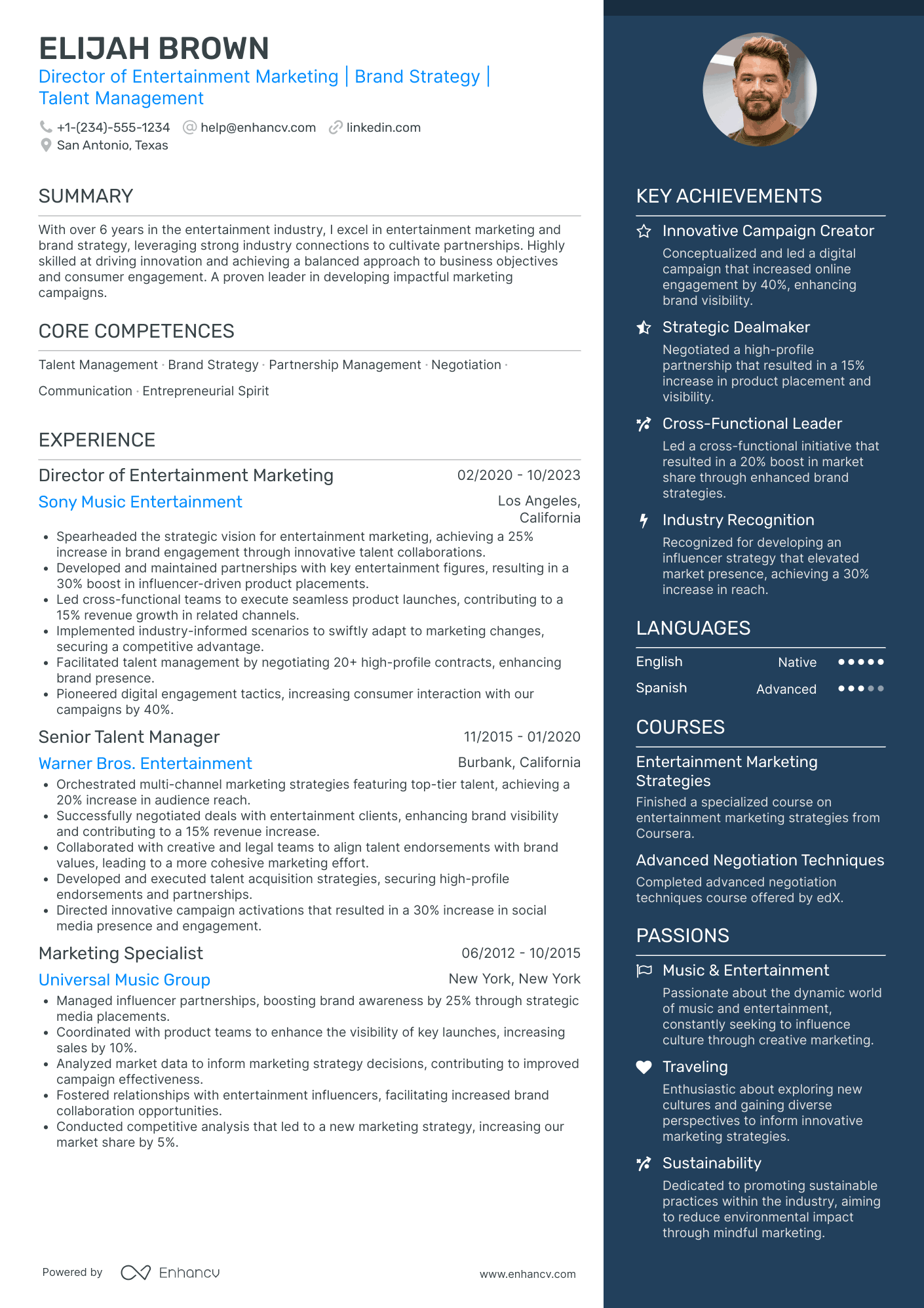Chief Marketing Officer in Media & Entertainment Resume Example