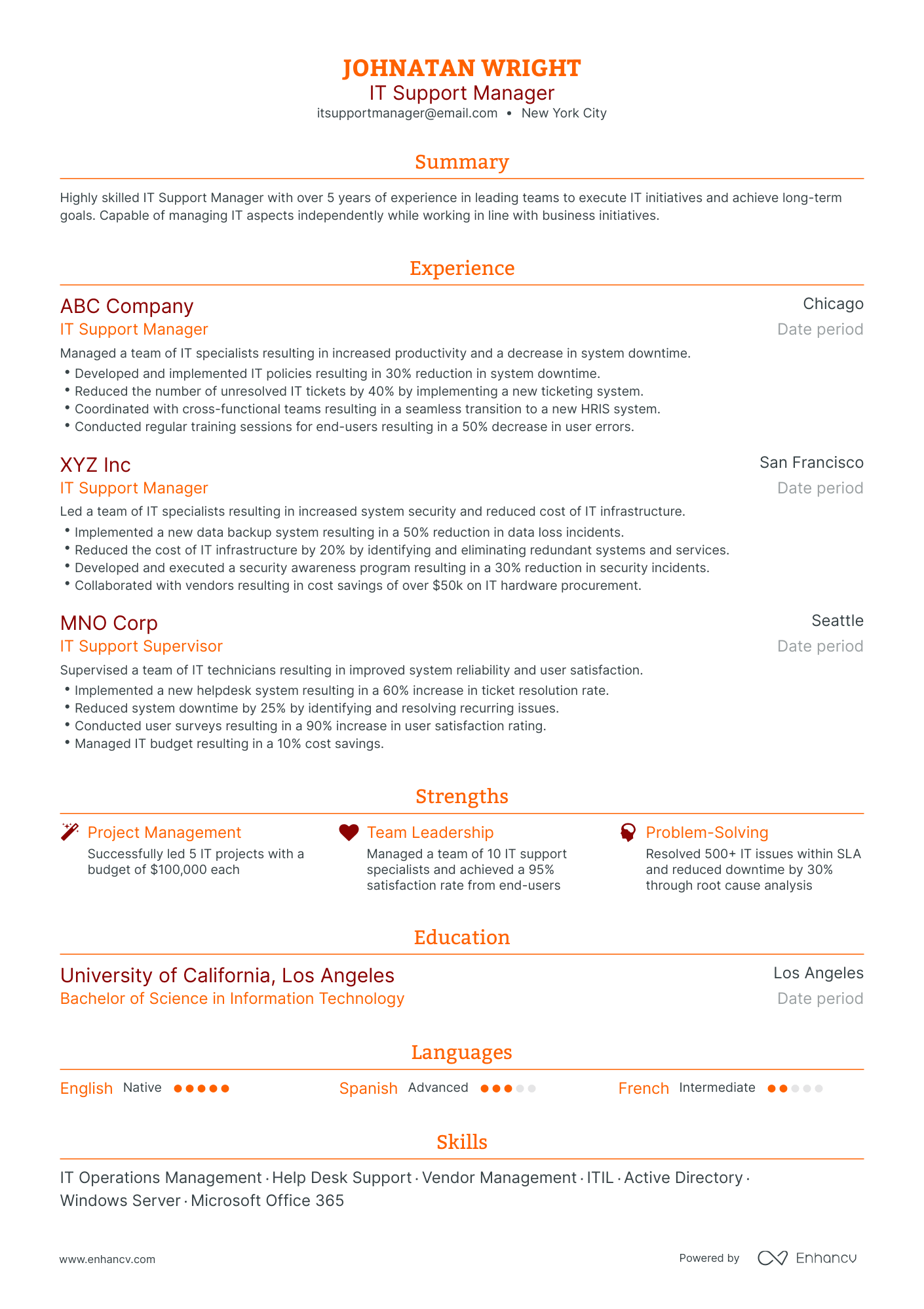 it support manager resume