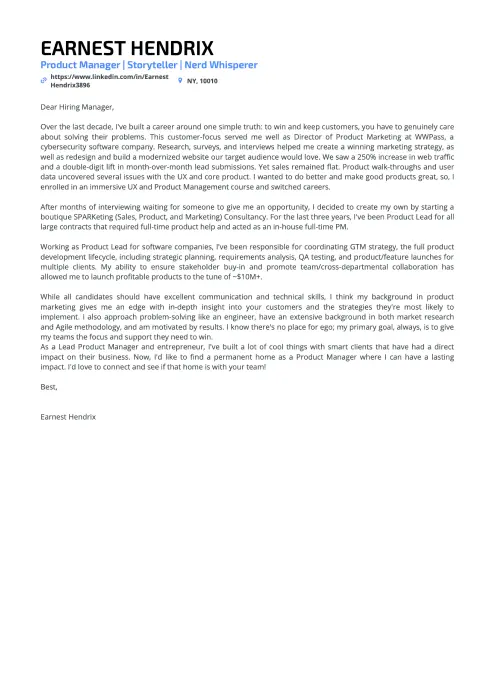 Product Manager cover letter example