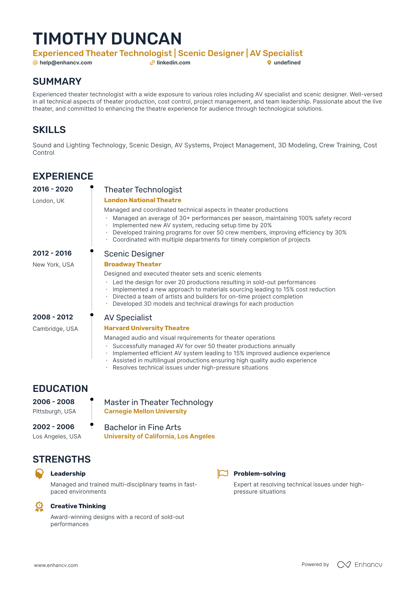 10 Technical Theatre Resume Examples & Guide for 2026