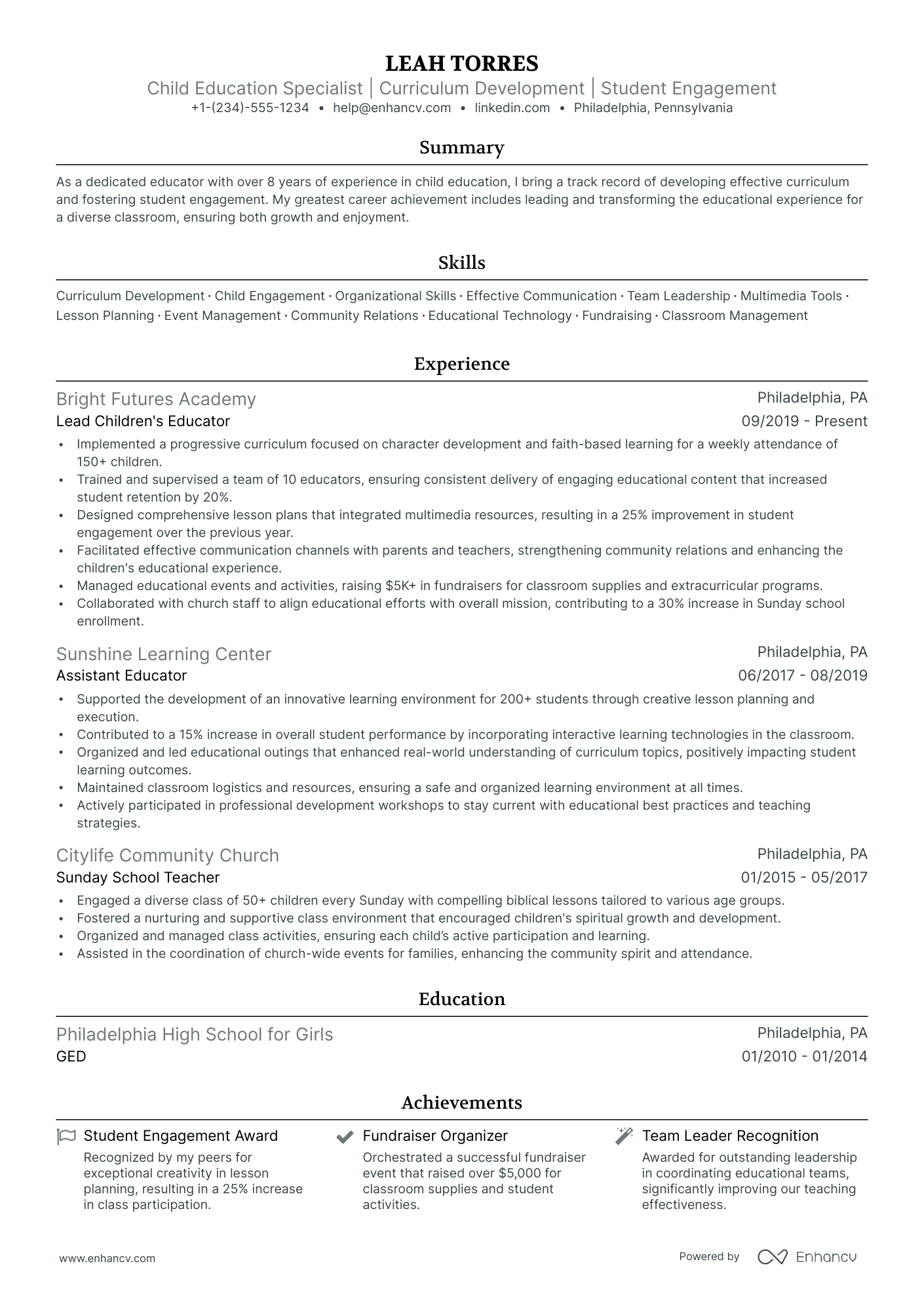 5 Sunday School Teacher Resume Examples & Guide for 2024