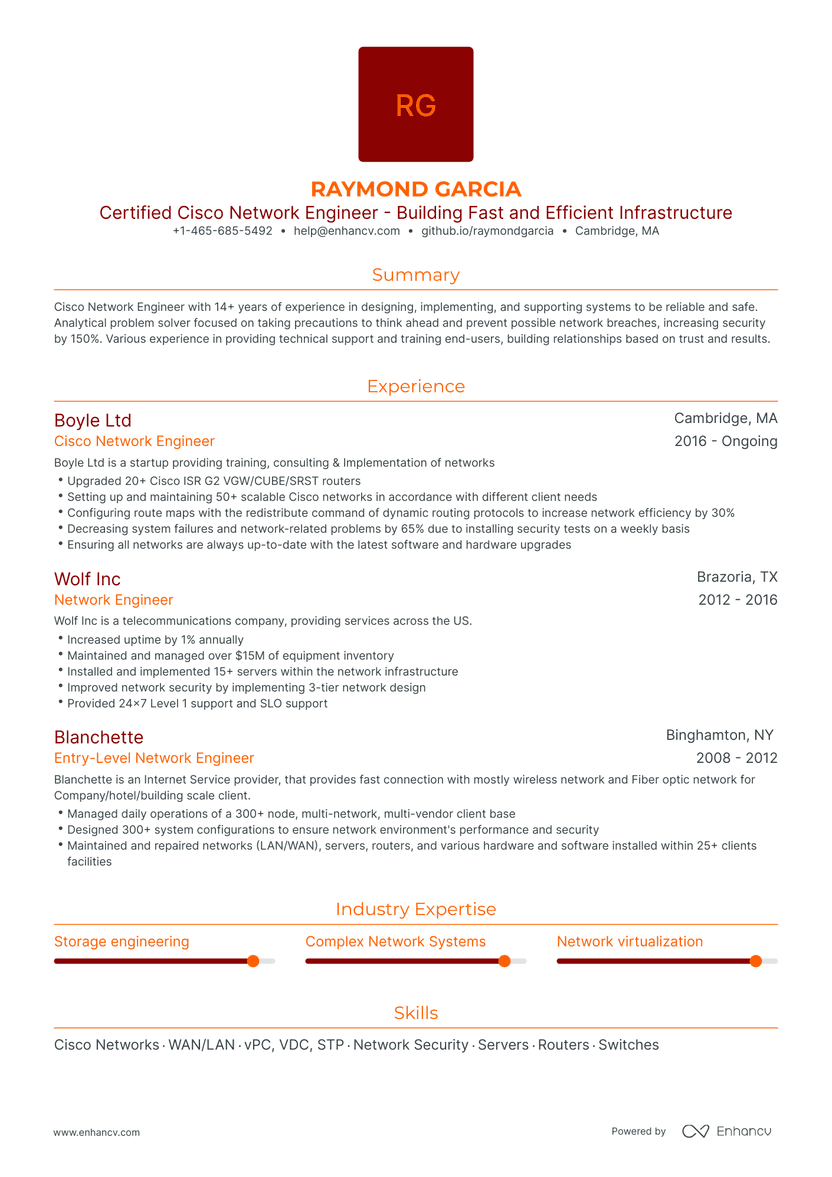 5 Cisco Network Engineer Resume Examples & Guide for 2023