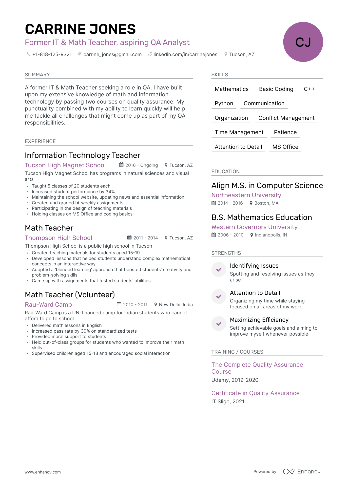 resume for teacher changing careers