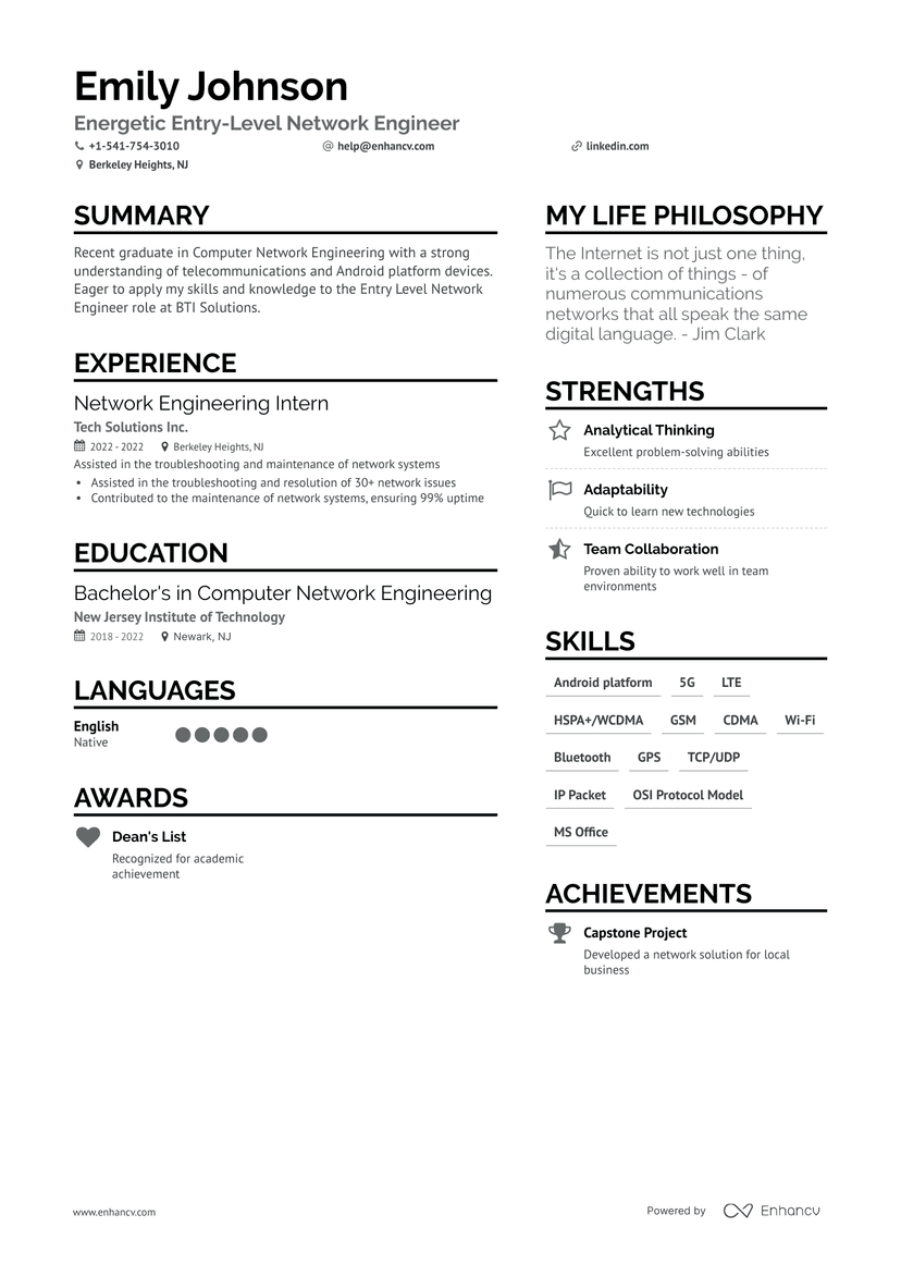 5 Entry Level Network Engineer Resume Examples & Guide for 2024