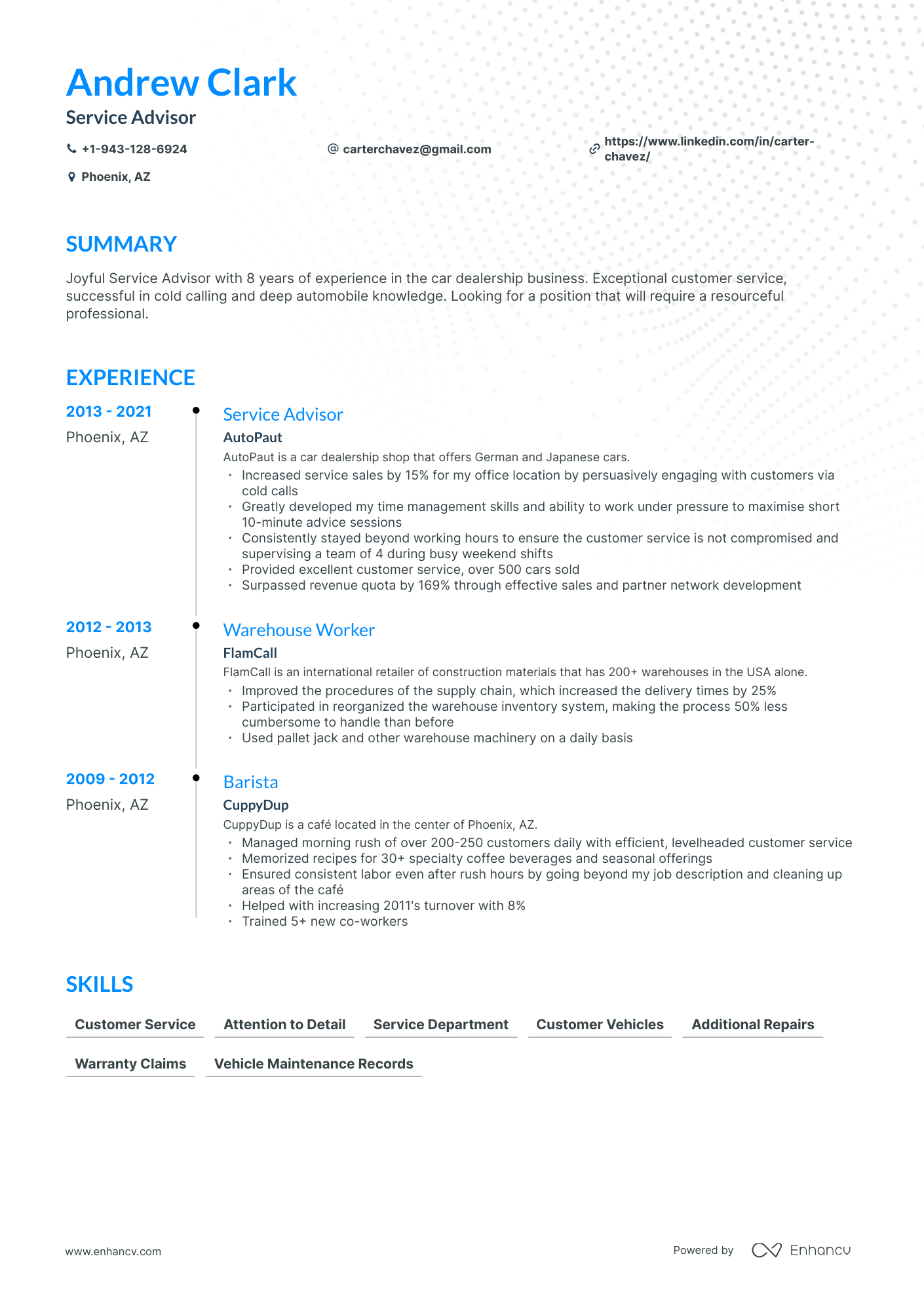 service advisor resume examples