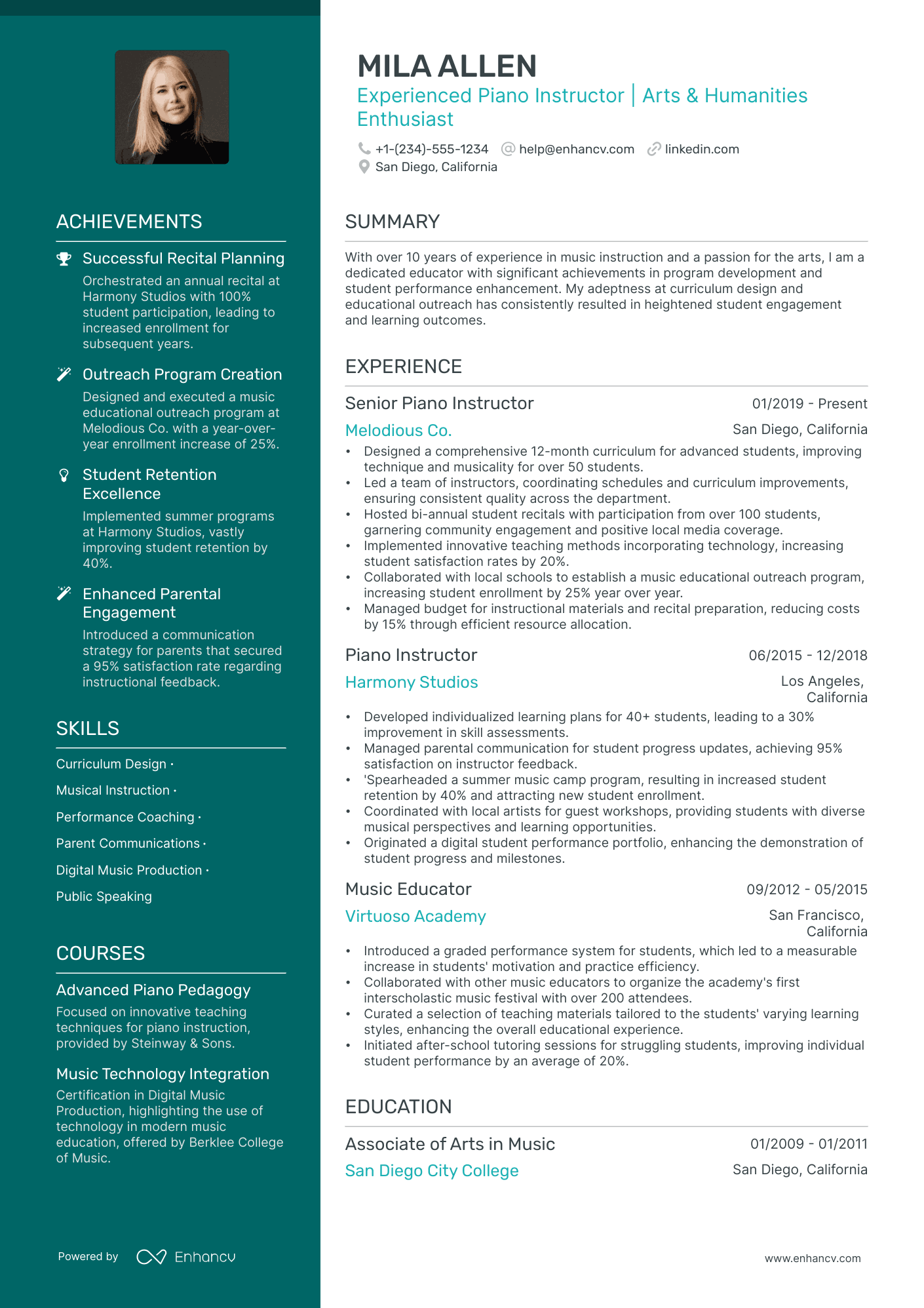 5 Piano Teacher Resume Examples & Guide for 2024