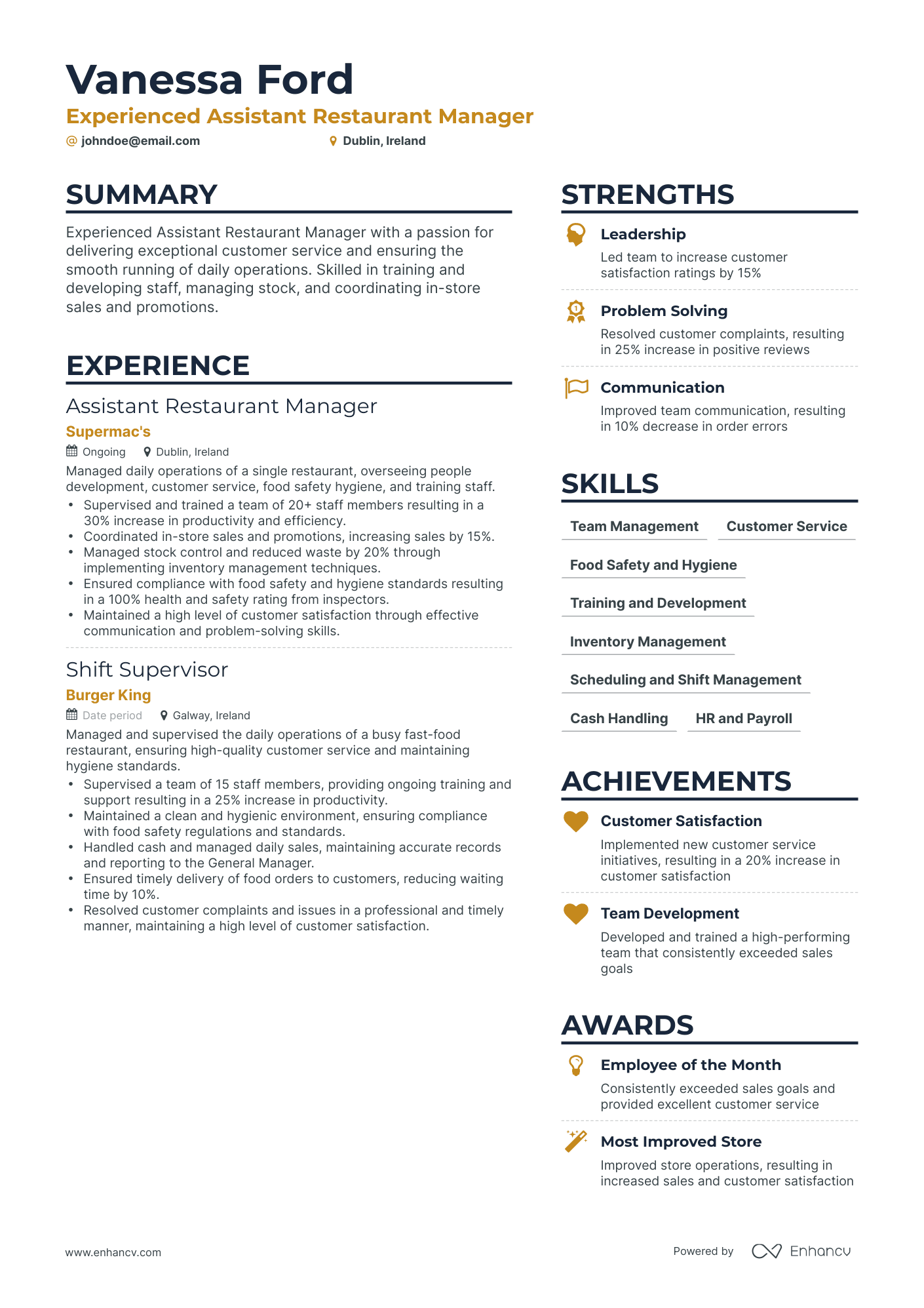 5 Assistant Restaurant Manager Resume Examples Guide For 2023