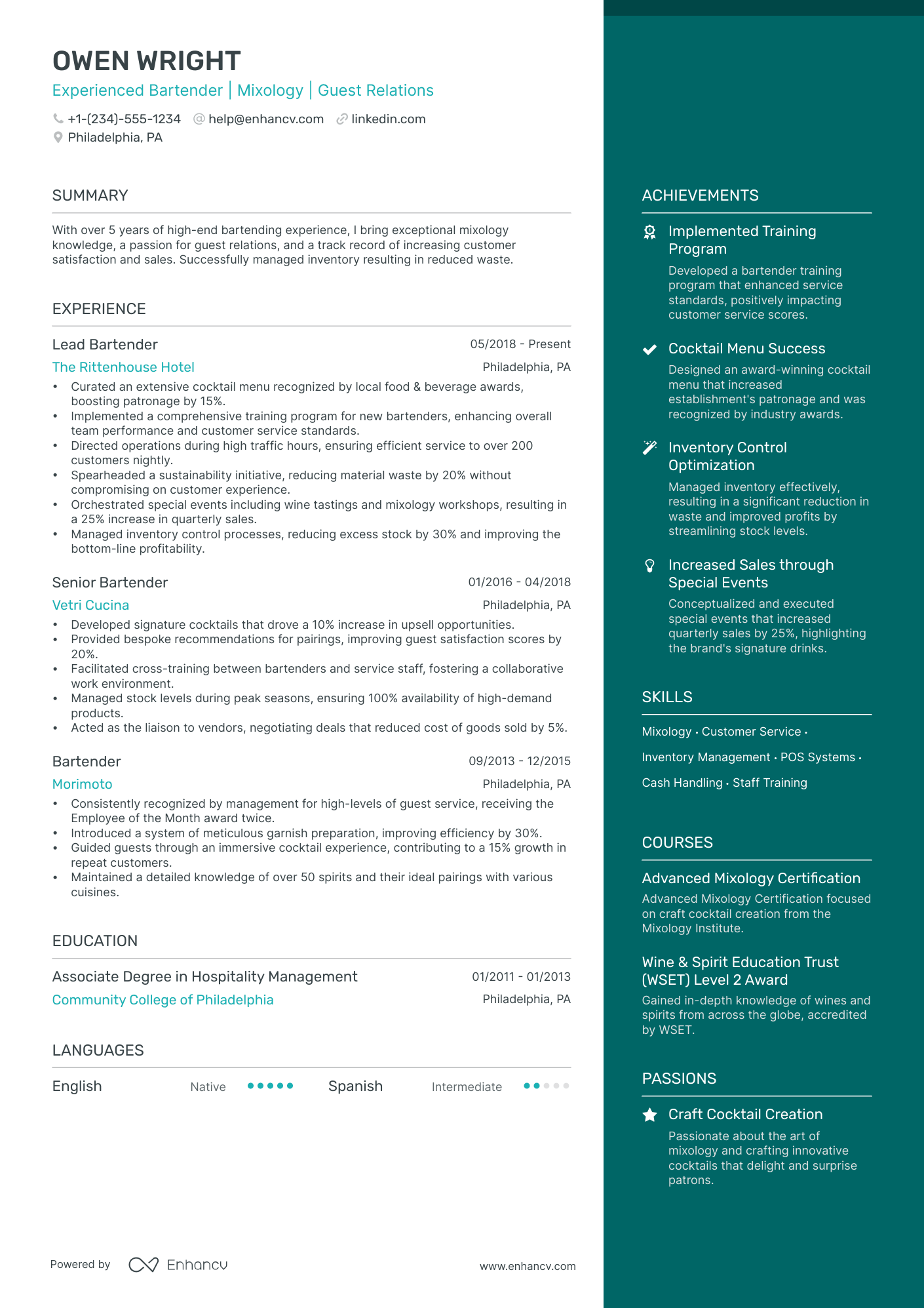 5 Fine Dining Bartender Resume Examples & Guide for 2024