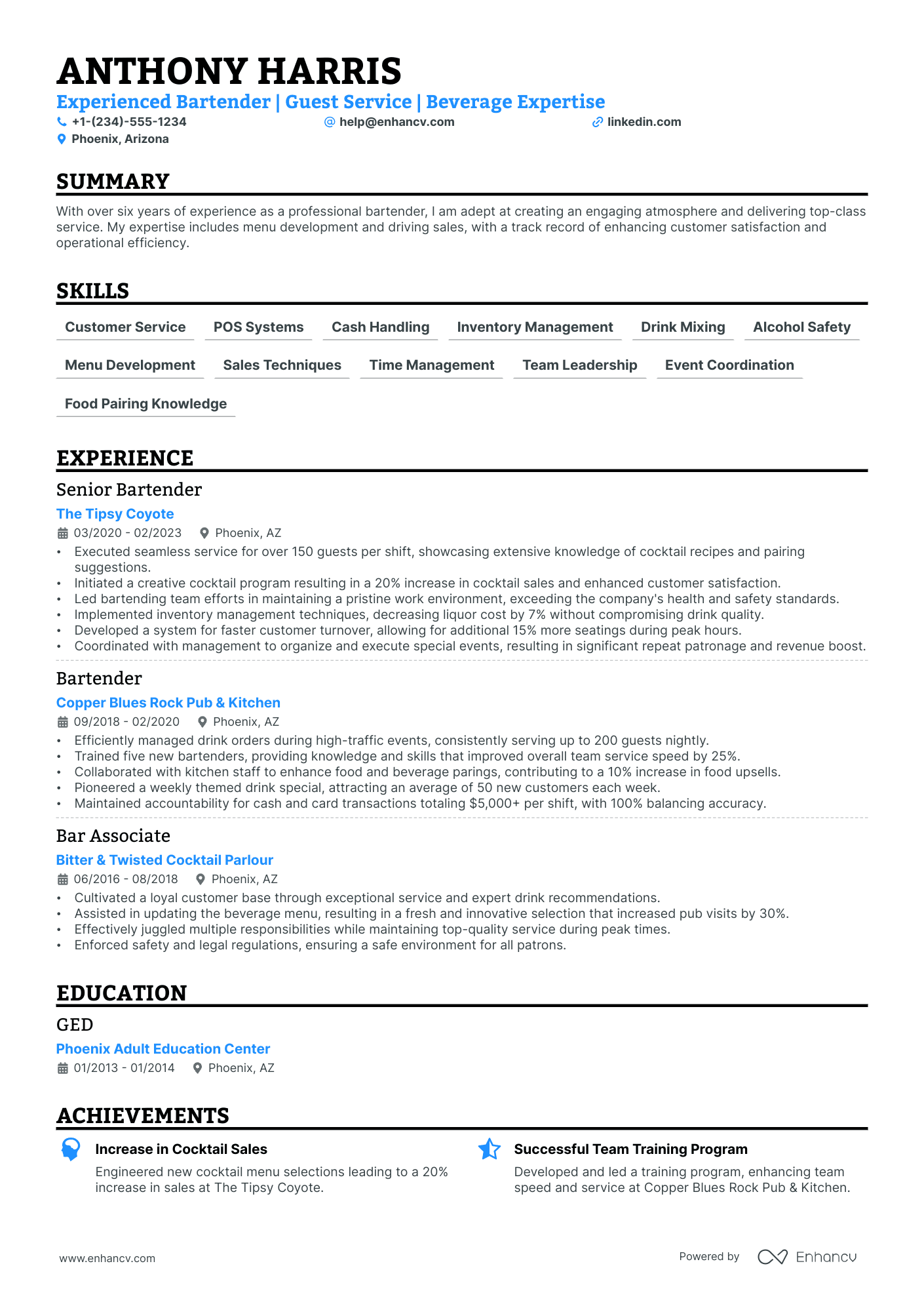 5 High Volume Bartender Resume Examples & Guide for 2024