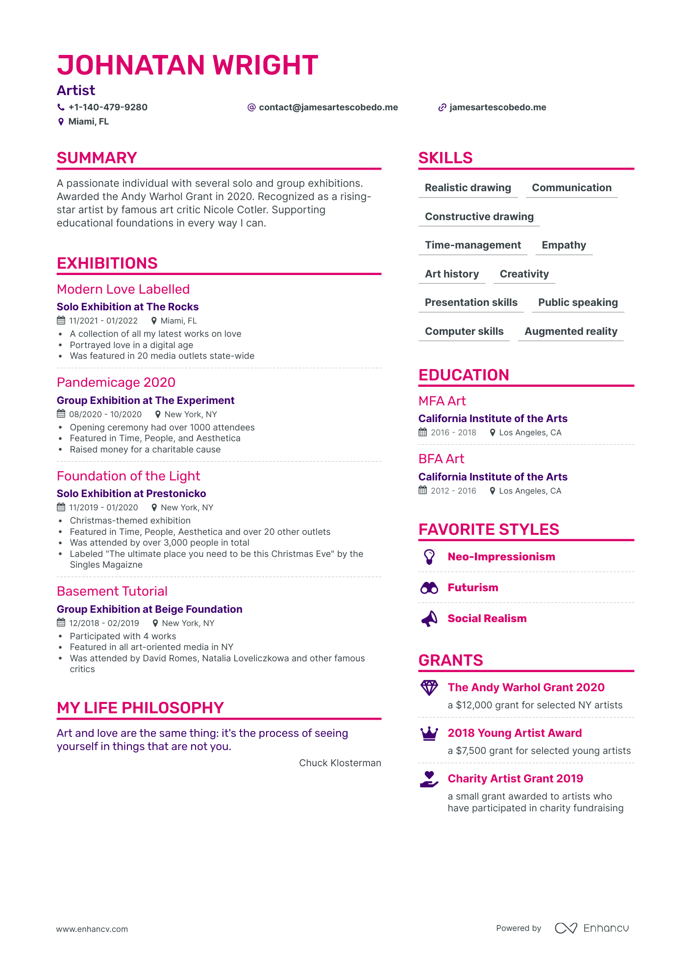 6 Artist Resume Examples & Guide for 2024