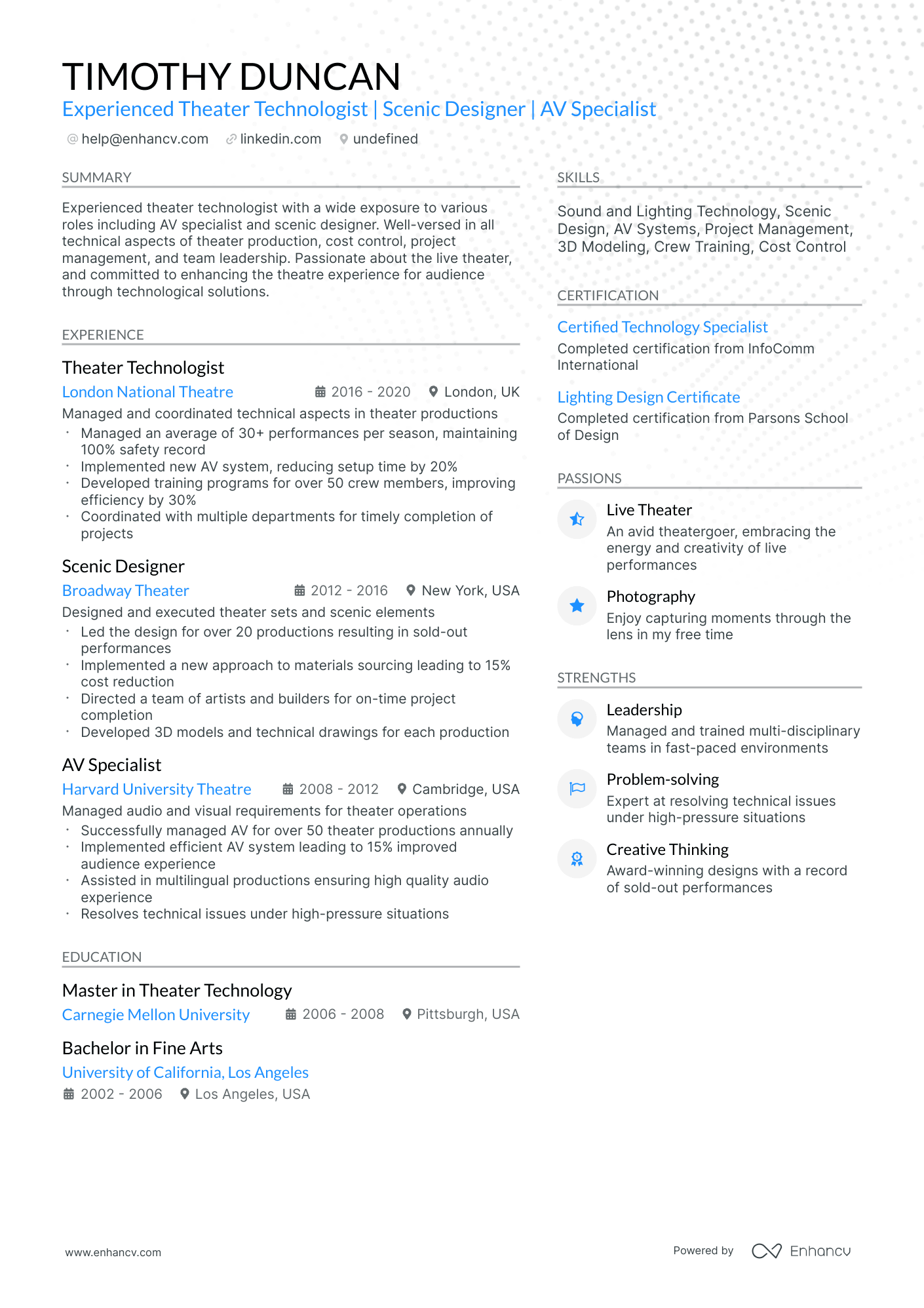 10 Technical Theatre Resume Examples & Guide for 2026