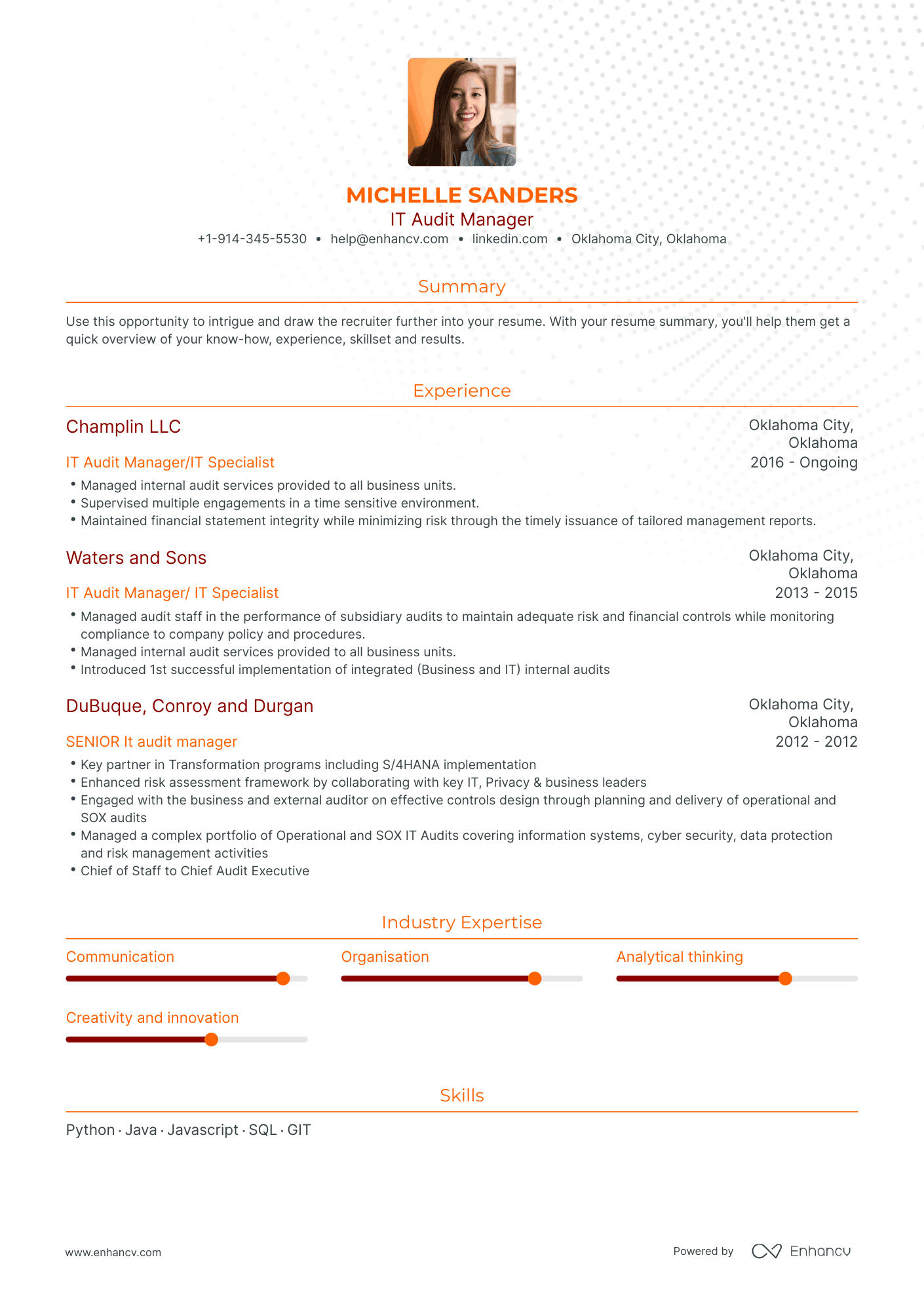 IT Audit Manager Resume Examples & Guide for 2023 (Layout, Skills ...