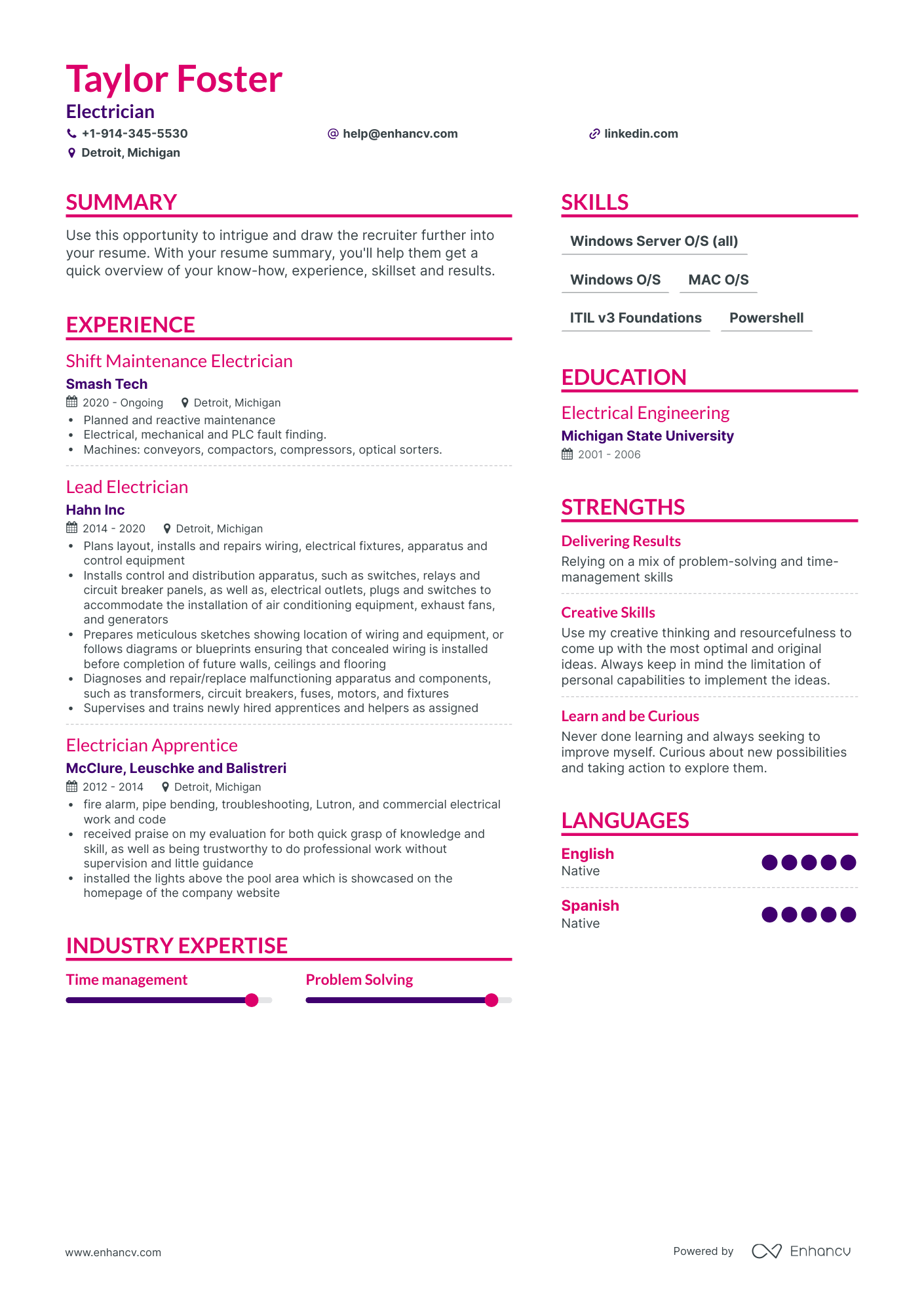 Electrician Resume Examples [Inside How-To Tips] | Enhancv (Layout ...