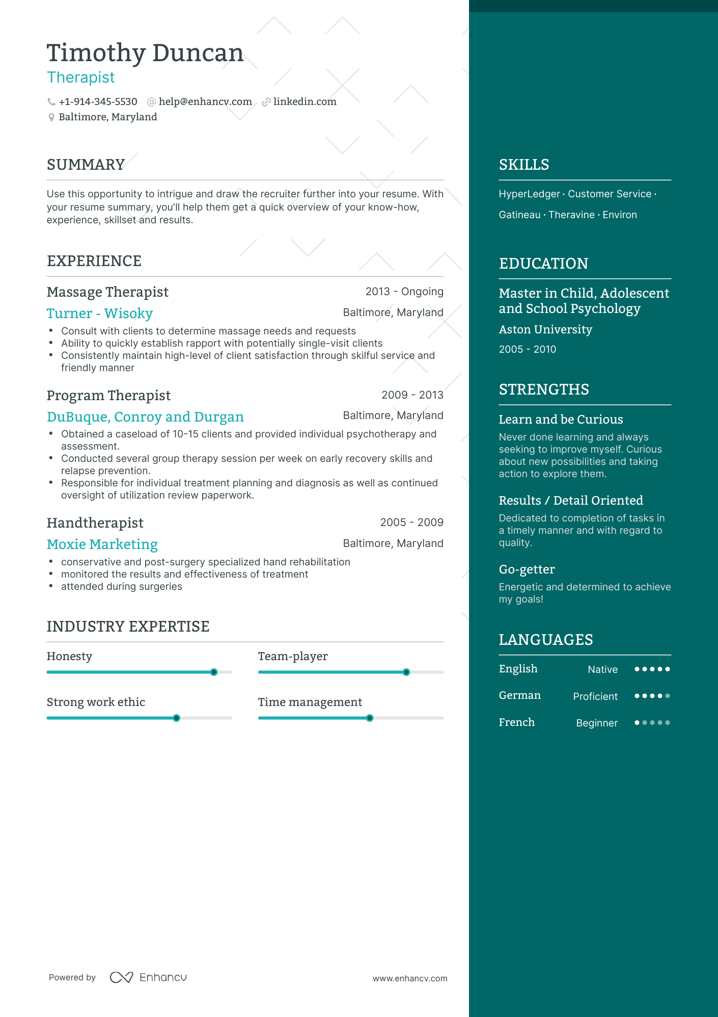 Top Therapist Resume Examples & Samples for 2023 | Enhancv.com (Layout ...