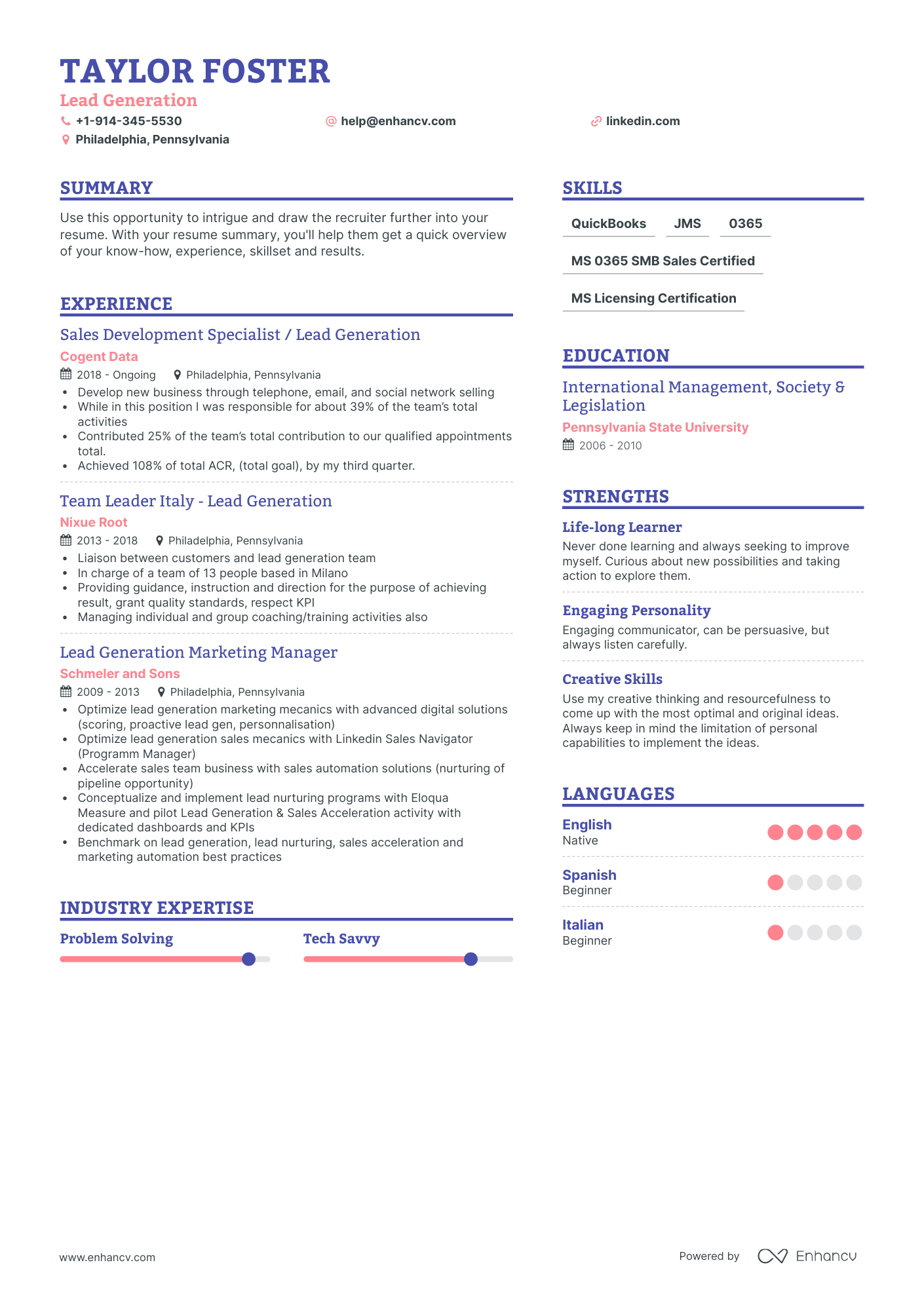 DOWNLOAD: Lead Generation Resume Example for 2023 | Enhancv.com (Layout ...