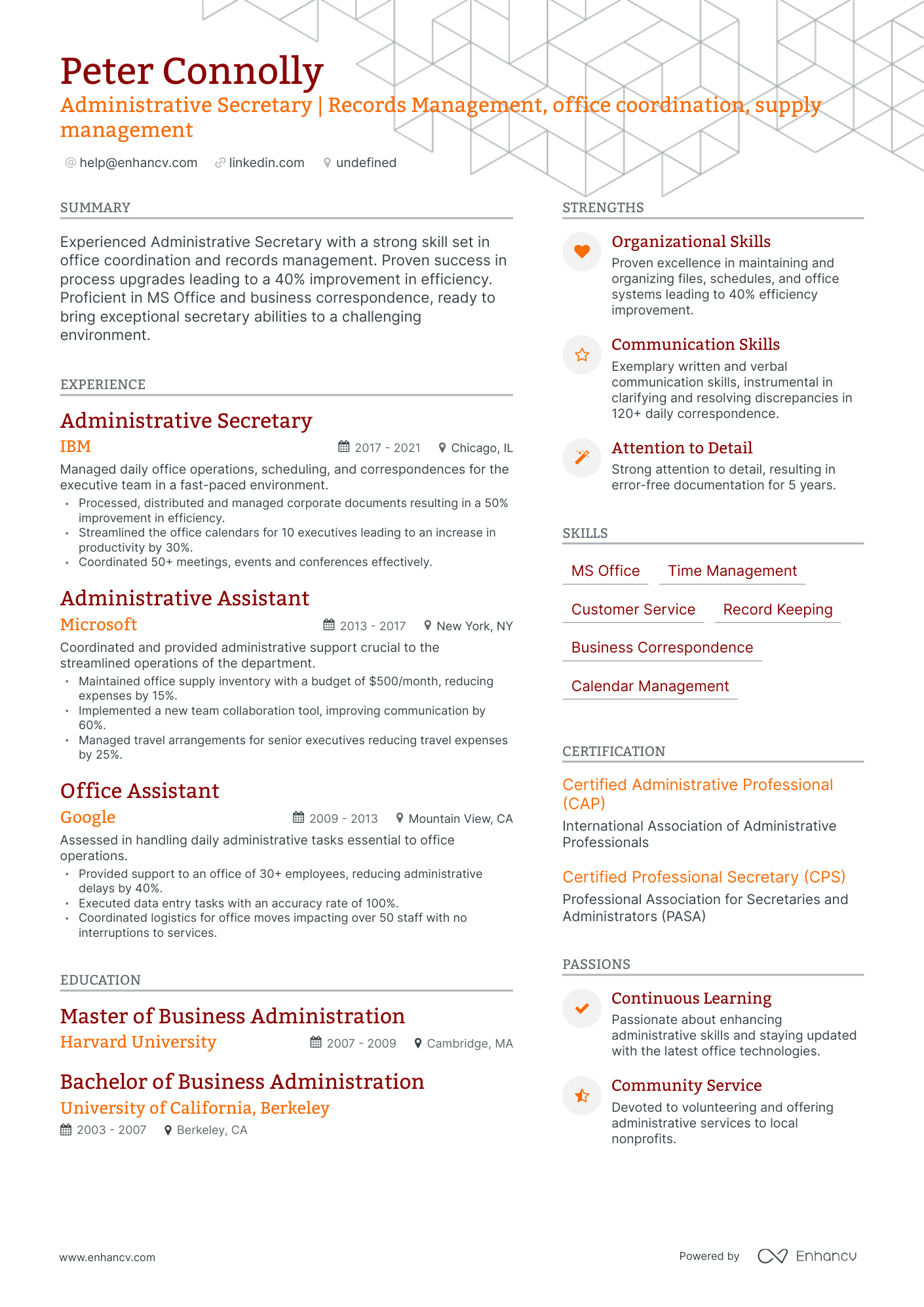 sample resume for administrative secretary