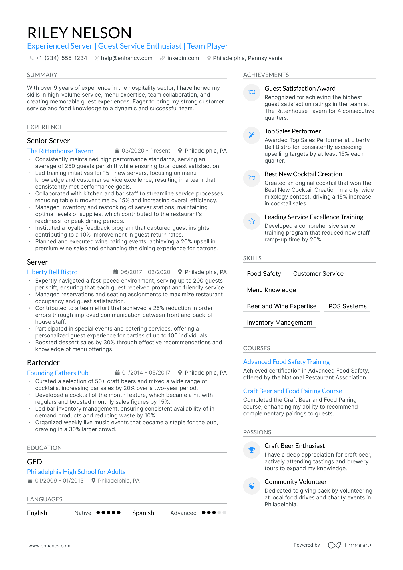 5 Bartender Server Resume Examples & Guide for 2024