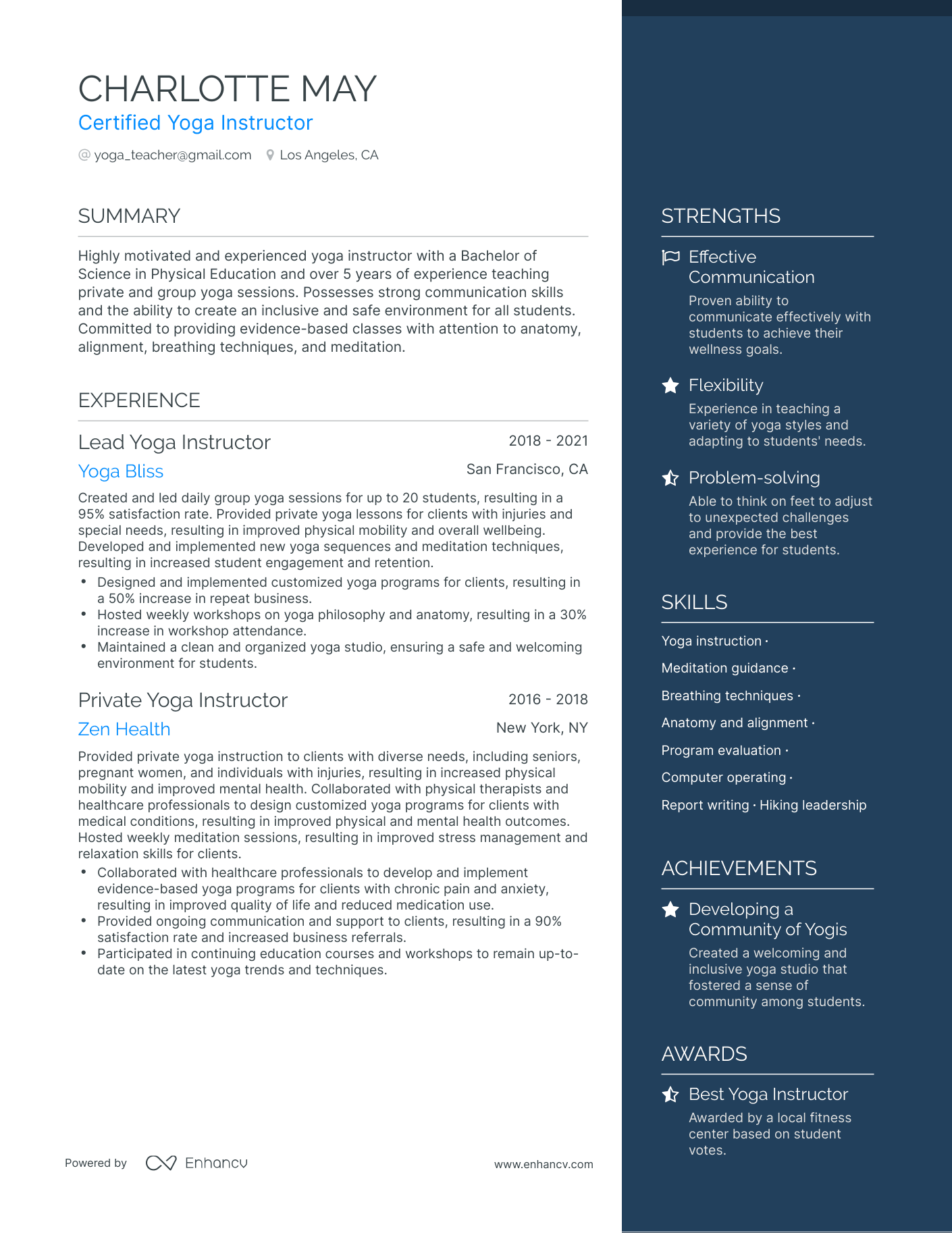 5 Yoga Teacher Resume Examples & Guide for 2024