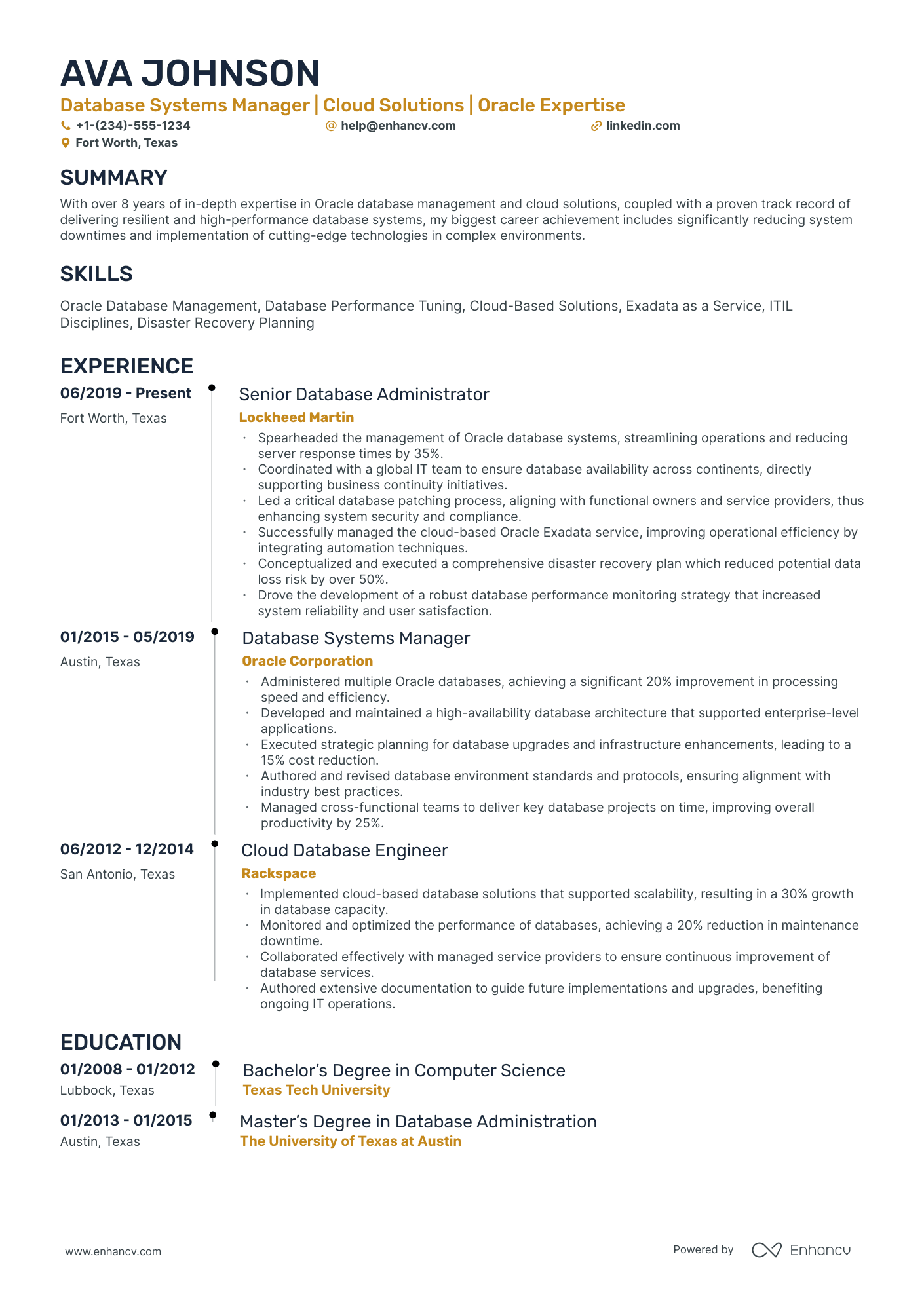 10 Oracle Database Administrator Resume Examples & Guide for 2026