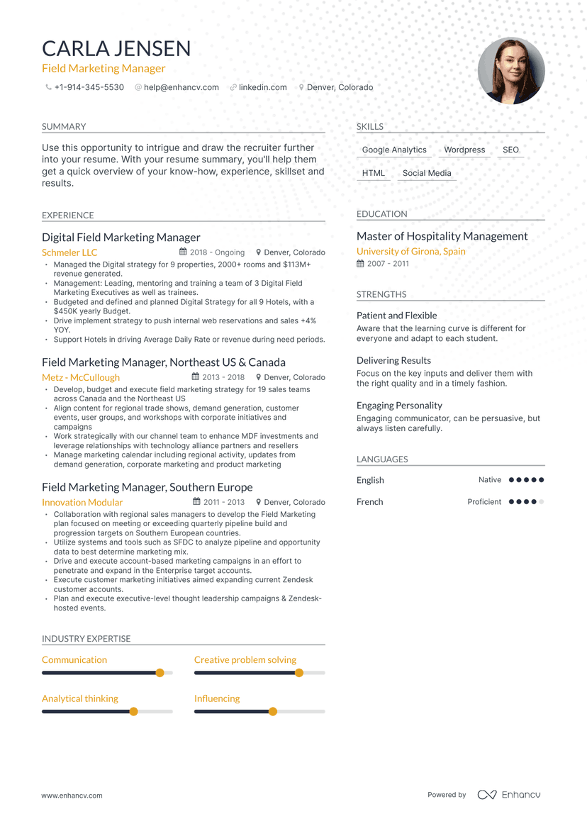 Field Marketing Manager Resume Examples & Guide for 2023 (Layout ...