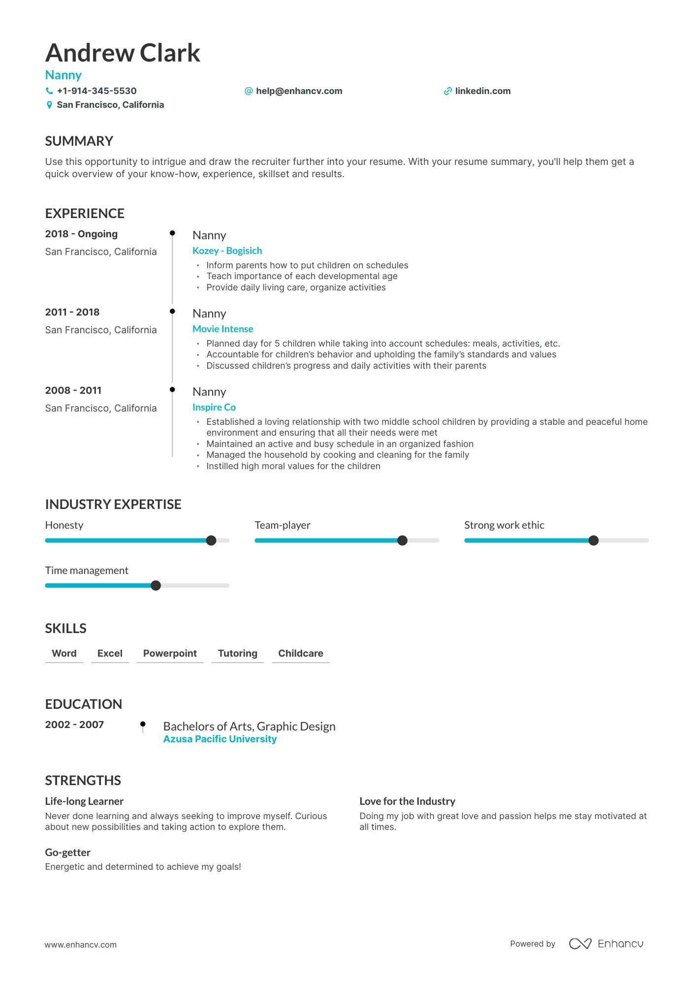 Nanny Resume Examples + Expert Advice | Enhancv.com (Layout, Skills ...