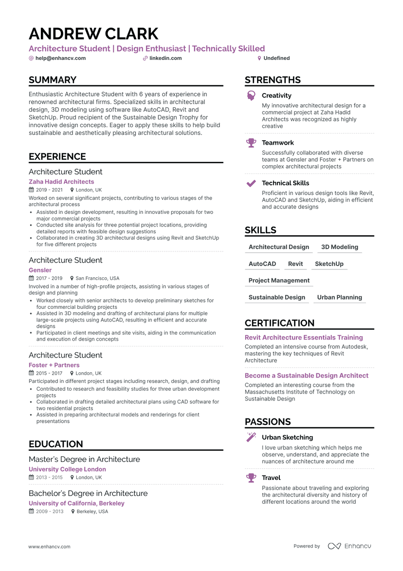 5 Architecture Student Resume Examples & Guide for 2024