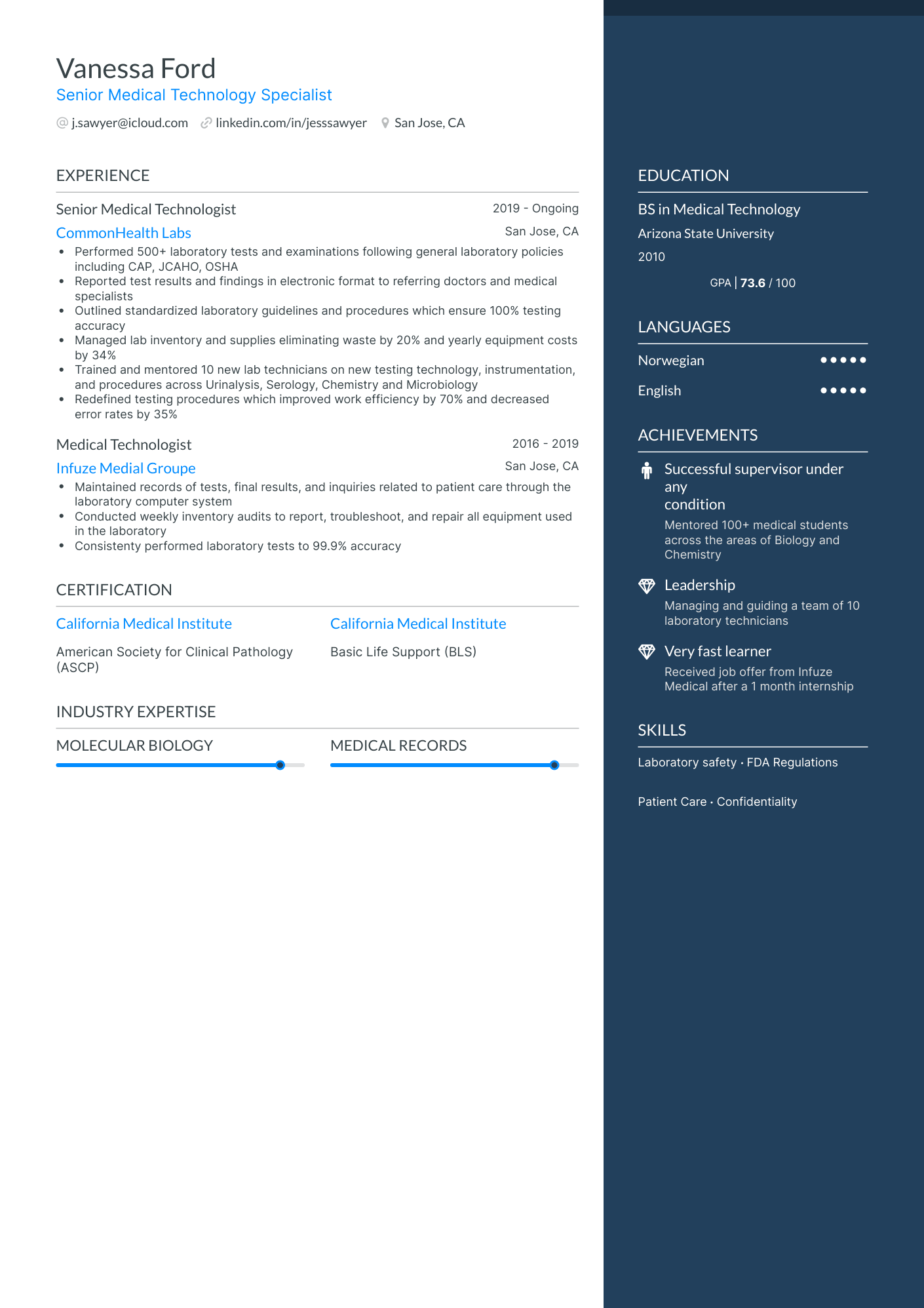 5 Medical Technologist Resume Examples & Guide For 2024