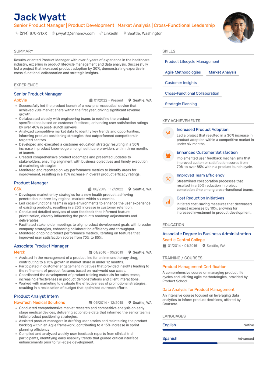 Aqua modern resume template A product manager resume with two columns with orange and blue accent colors.y and an experience section in focus.