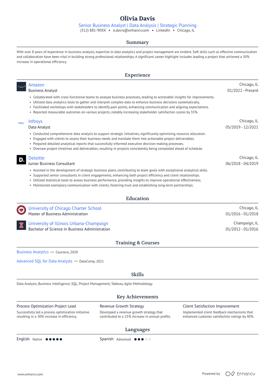 A single column, classic resume template with blue accent colors.