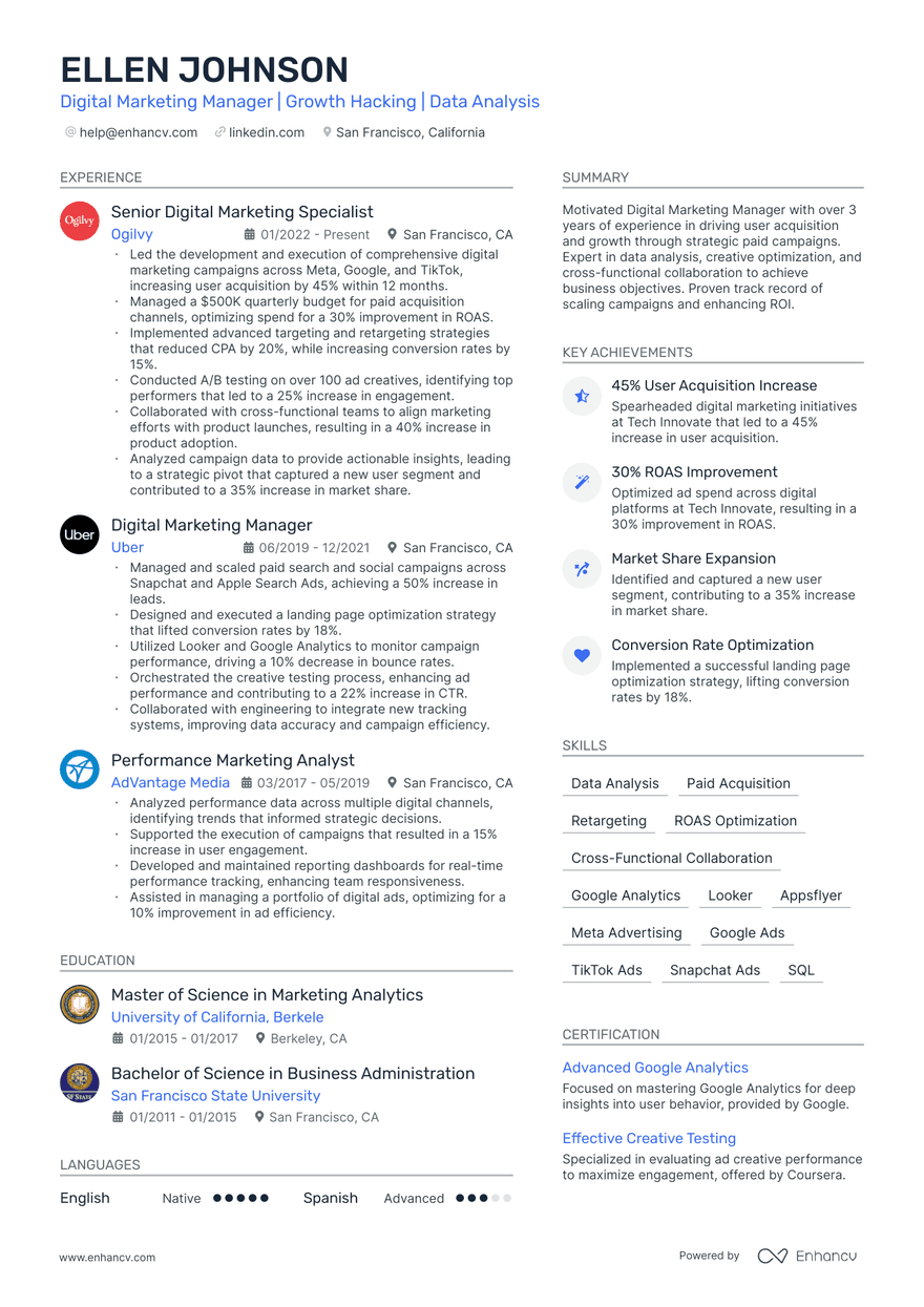 Royal blue modern resume template A resume with two columns and a photo in the resume header and royal blue accent color. A long summary and an experience section in focus.
